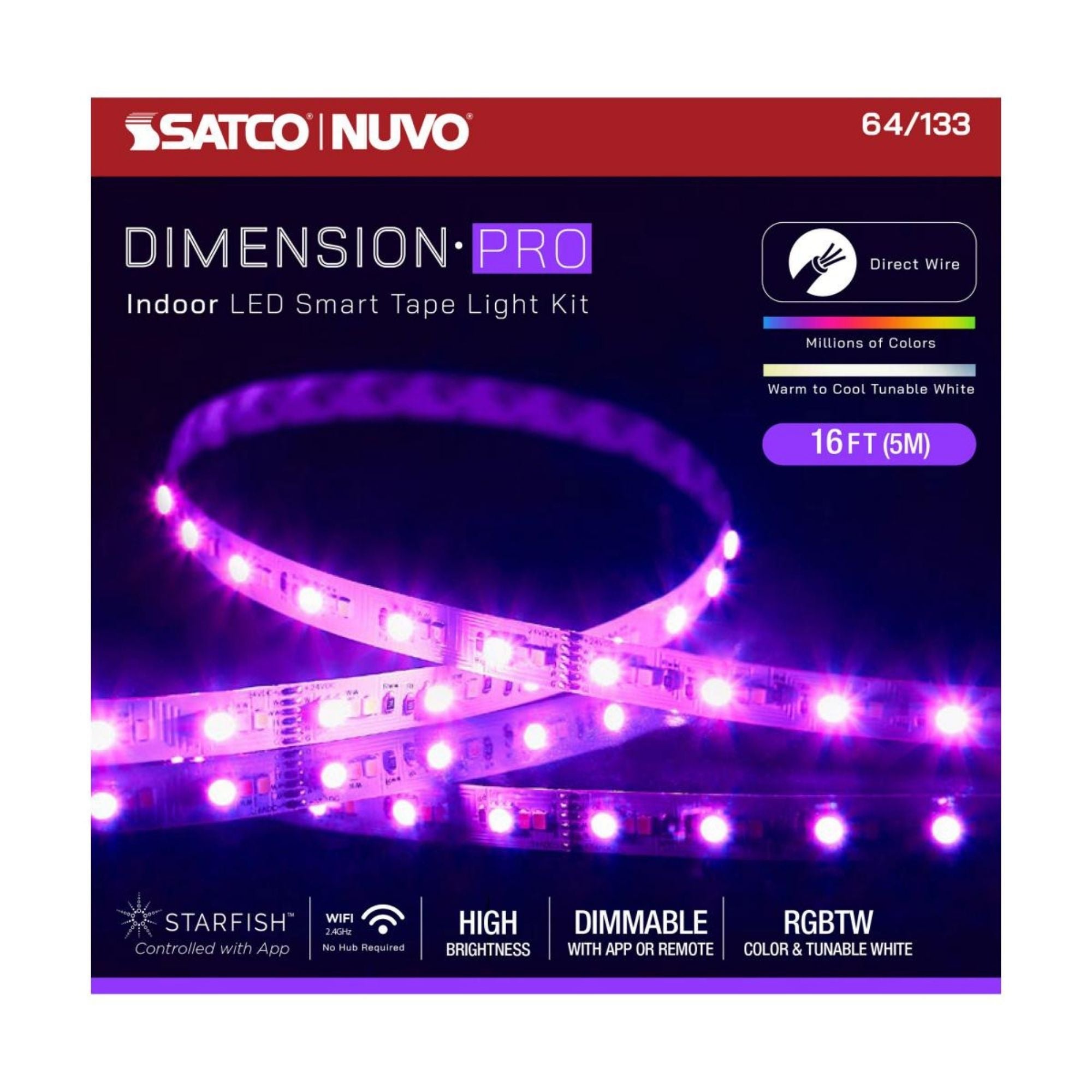 Dimension Pro LED Smart Tape Light Kit, 16Ft Reel, RGB + Tunable White, 24V, J-Box Connection