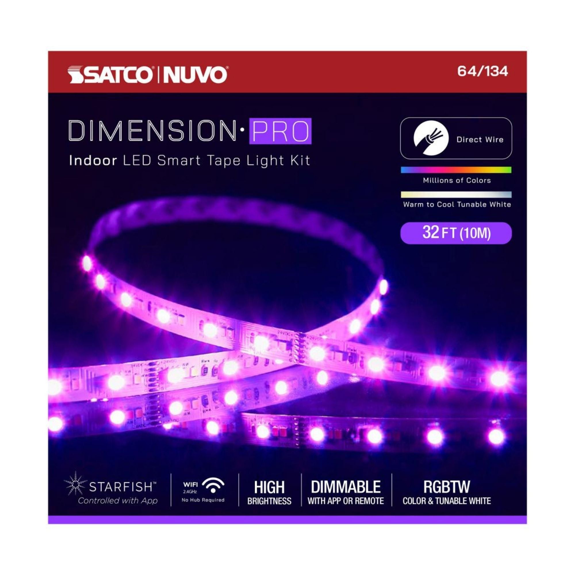 Dimension Pro LED Smart Tape Light Kit, 32Ft Reel, RGB + Tunable White, 24V, J-Box Connection