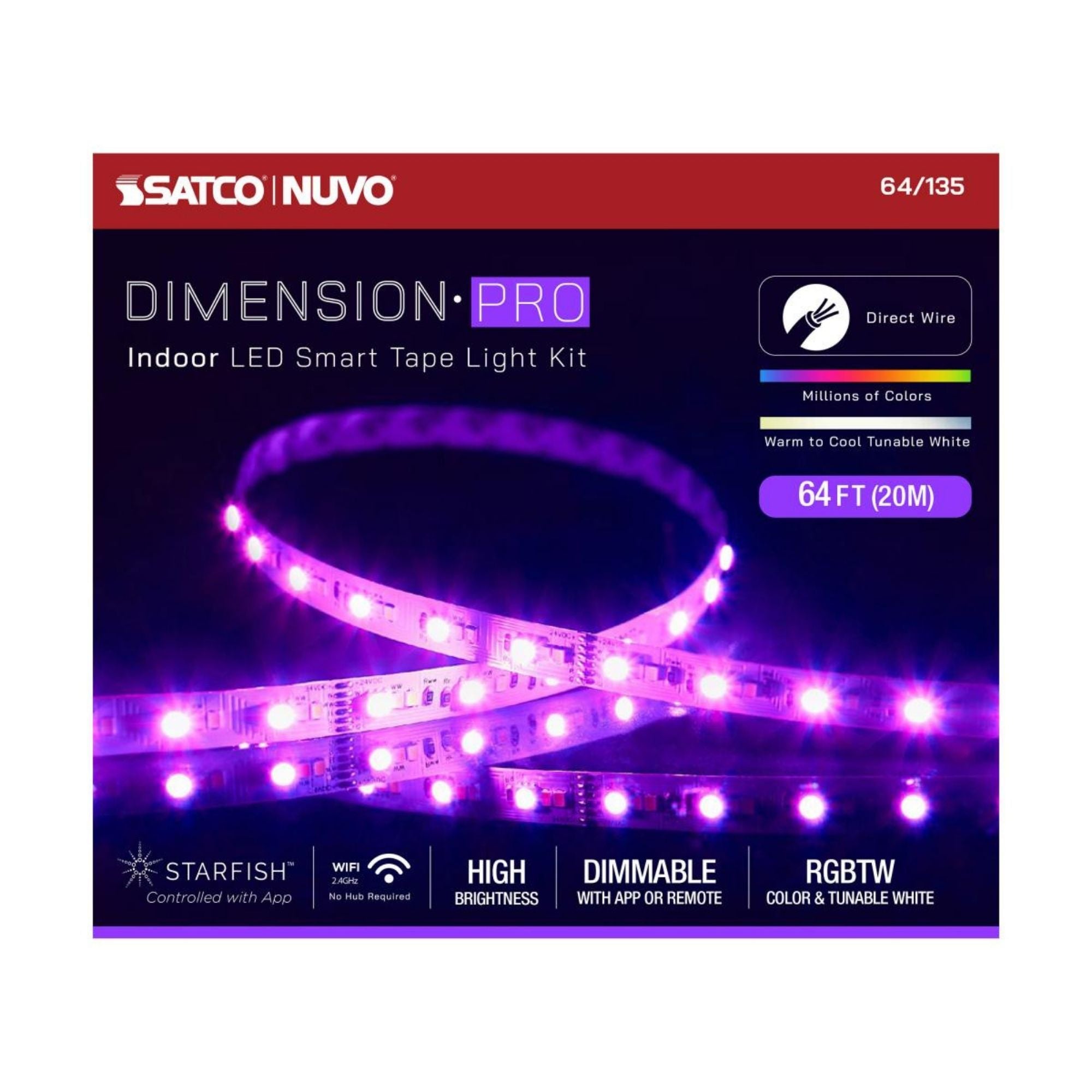 Dimension Pro LED Smart Tape Light Kit, 64Ft Reel, RGB + Tunable White, 24V, J-Box Connection