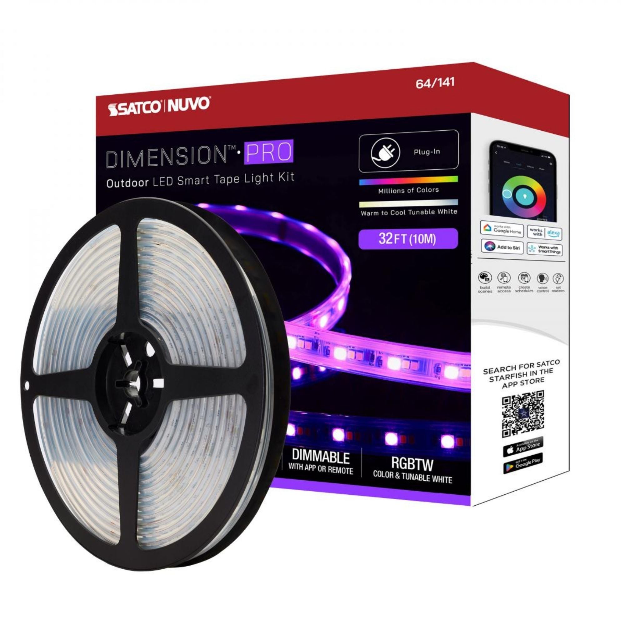 Dimension Pro Outdoor Smart LED Tape Light Kit, 32Ft Reel, RGBTW, 24V, Plug Connection
