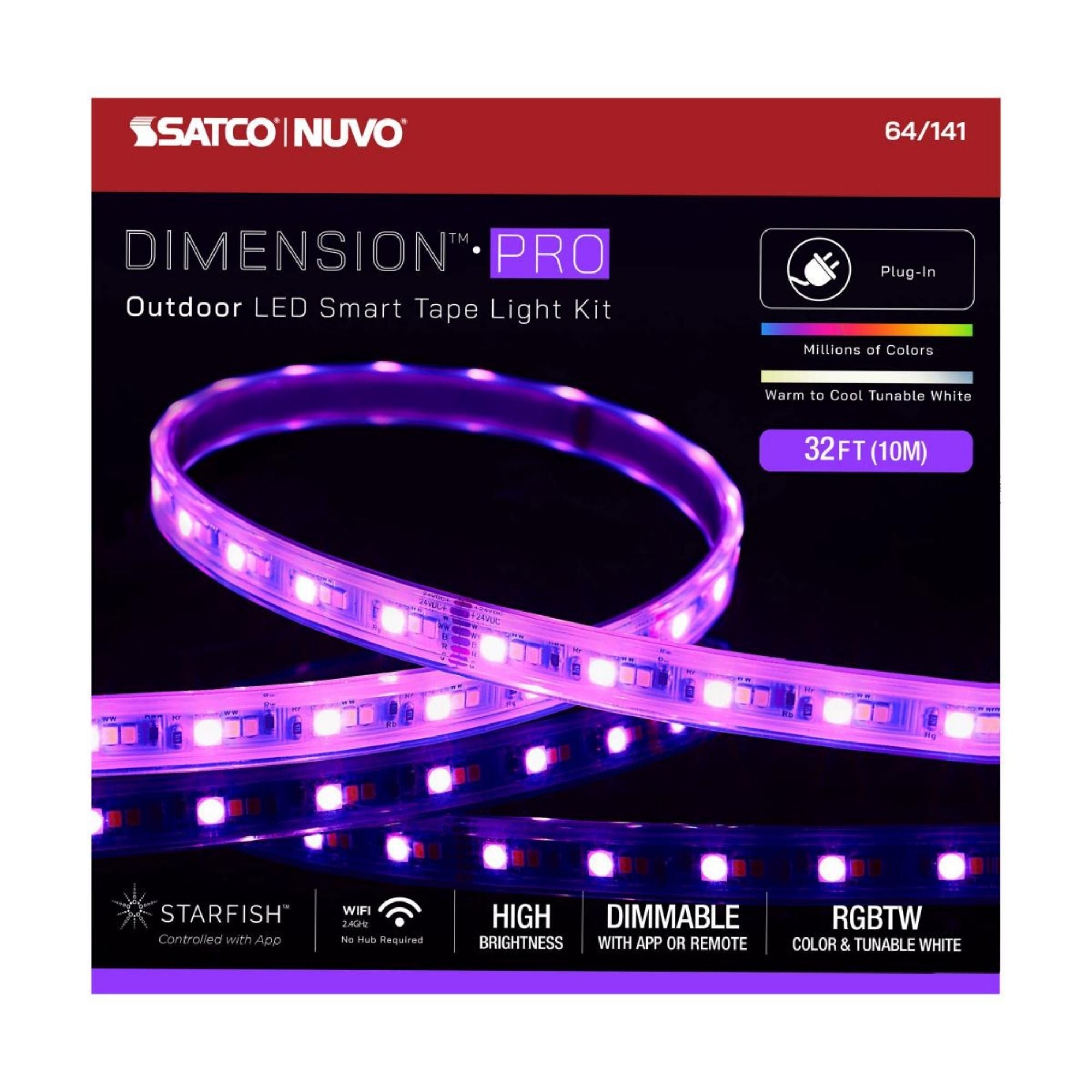 Dimension Pro Outdoor Smart LED Tape Light Kit, 32Ft Reel, RGBTW, 24V, Plug Connection