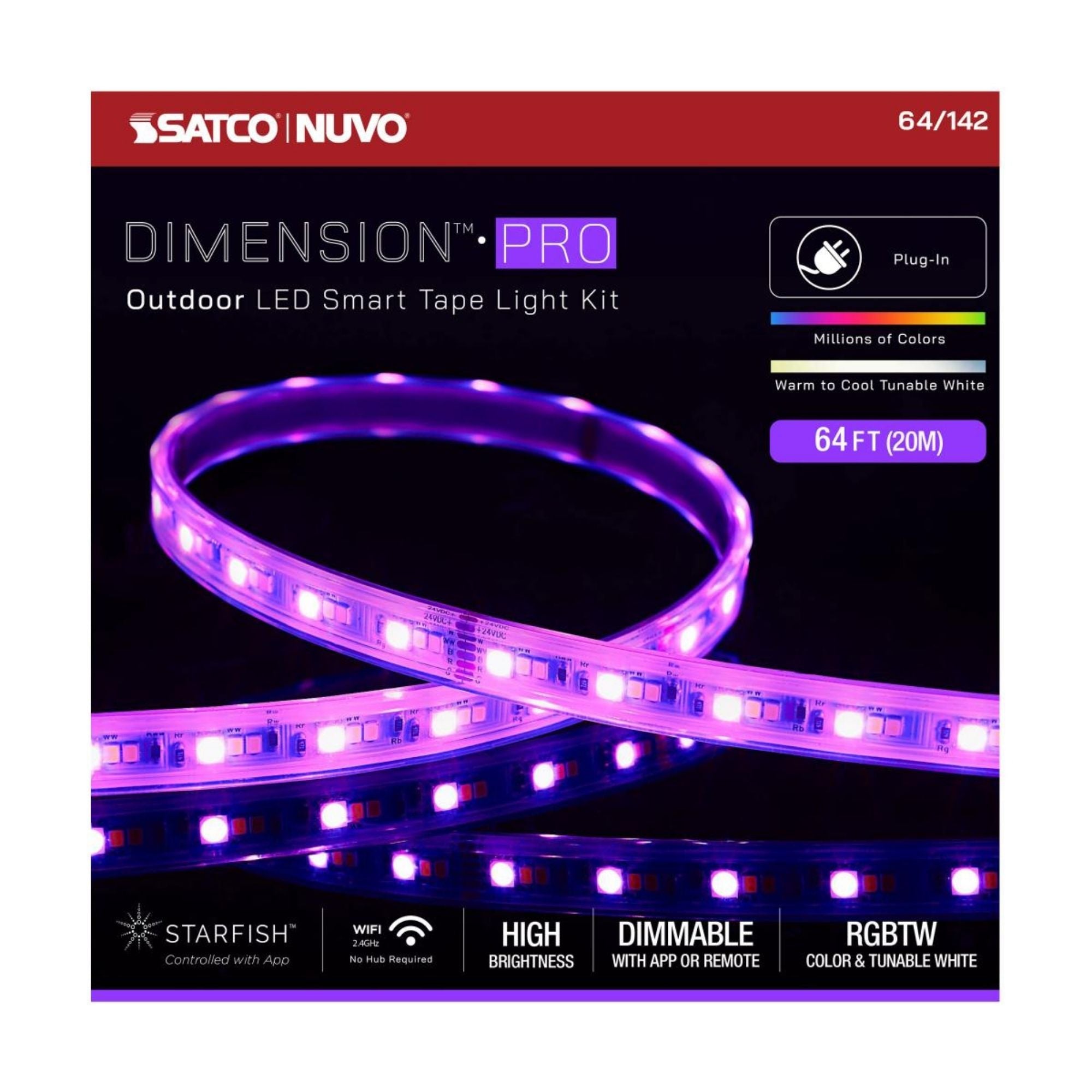 Dimension Pro Outdoor Smart LED Tape Light Kit, 64Ft Reel, RGBTW, 24V, Plug Connection