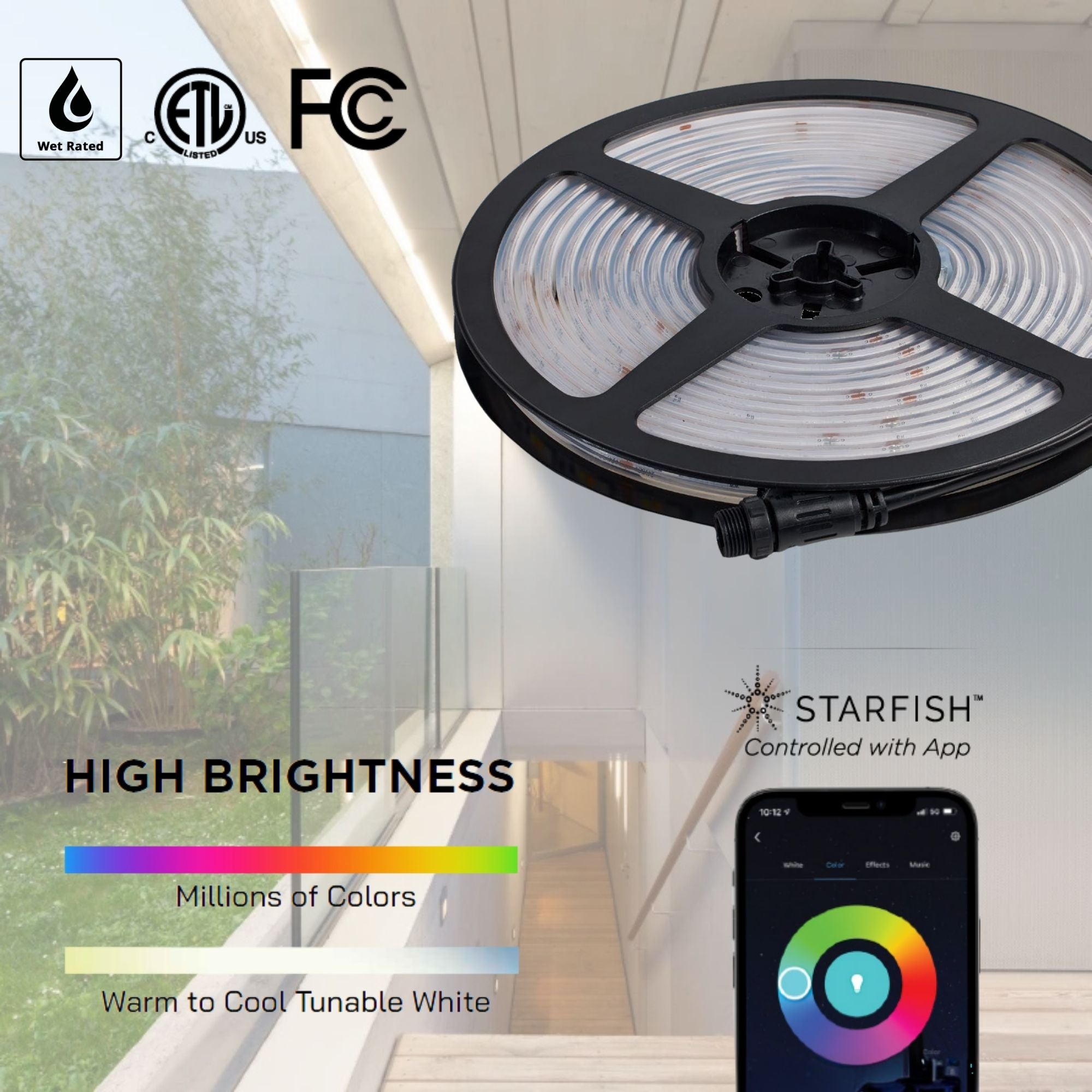 Dimension Pro Outdoor LED Smart Tape Light Kit, 16Ft Reel, RGBTW, 24V, J-Box Connection