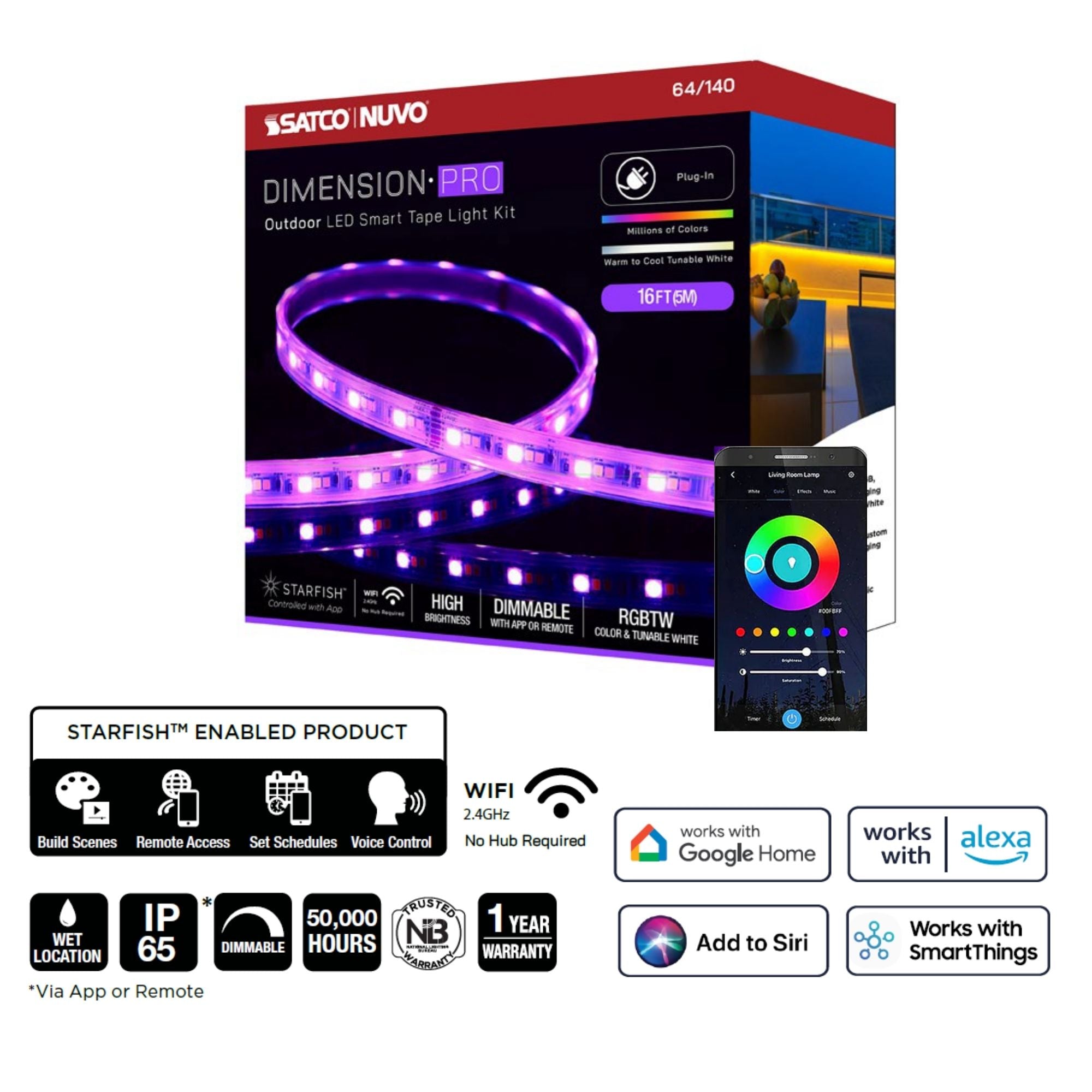 Dimension Pro Outdoor LED Smart Tape Light Kit, 16Ft Reel, RGBTW, 24V, J-Box Connection
