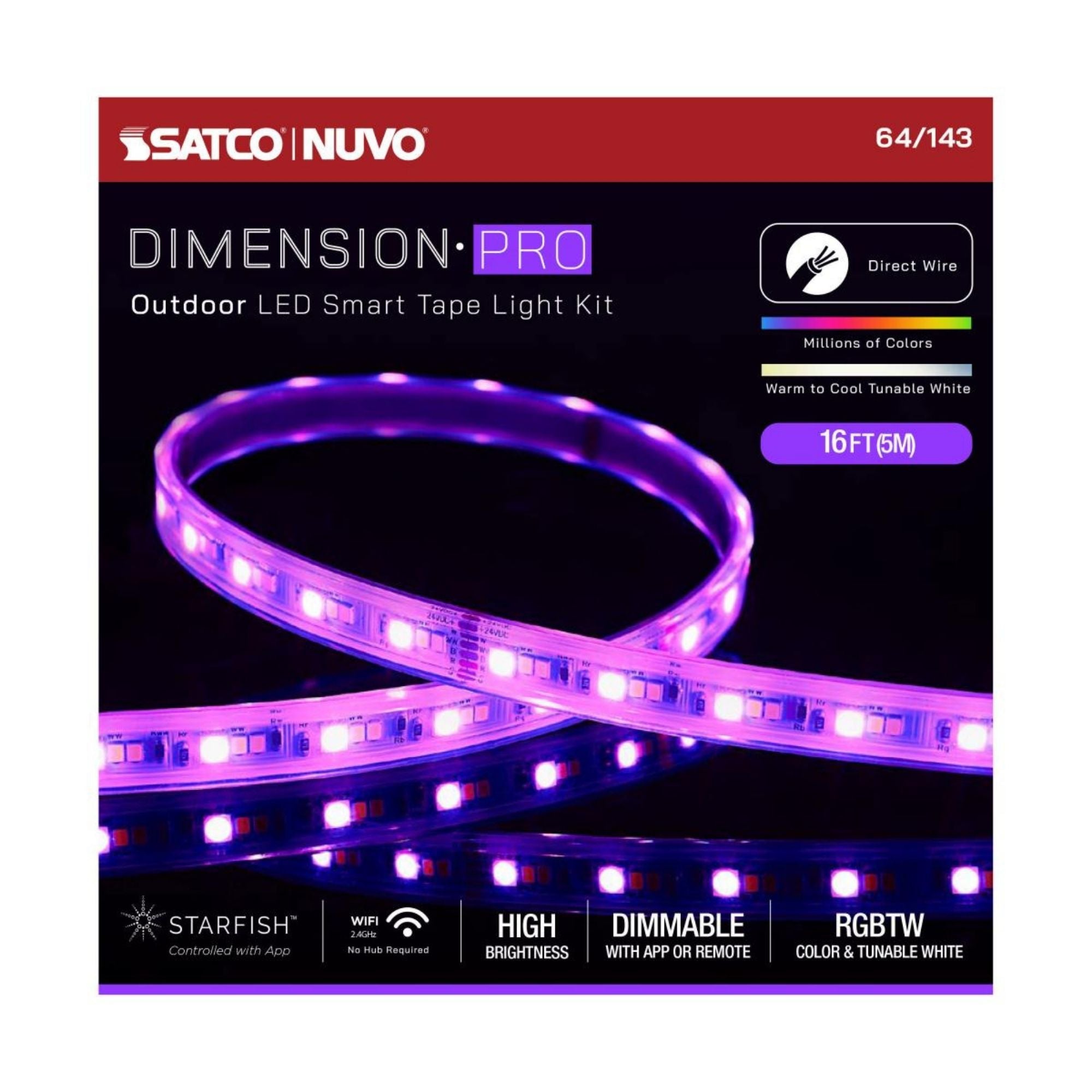 Dimension Pro Outdoor LED Smart Tape Light Kit, 16Ft Reel, RGBTW, 24V, J-Box Connection