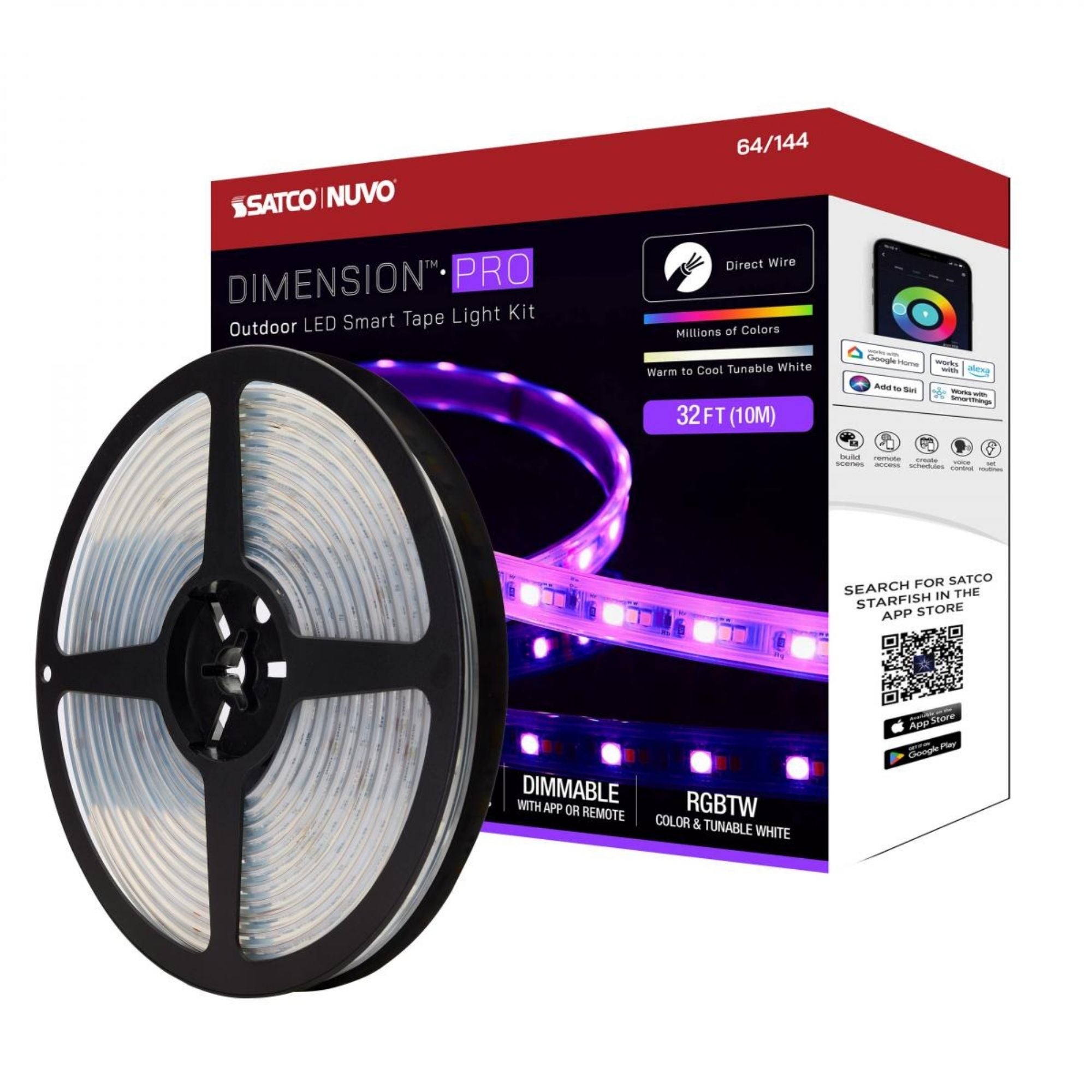 Dimension Pro Outdoor LED Smart Tape Light Kit, 32Ft Reel, RGBTW, 24V, J-Box Connection