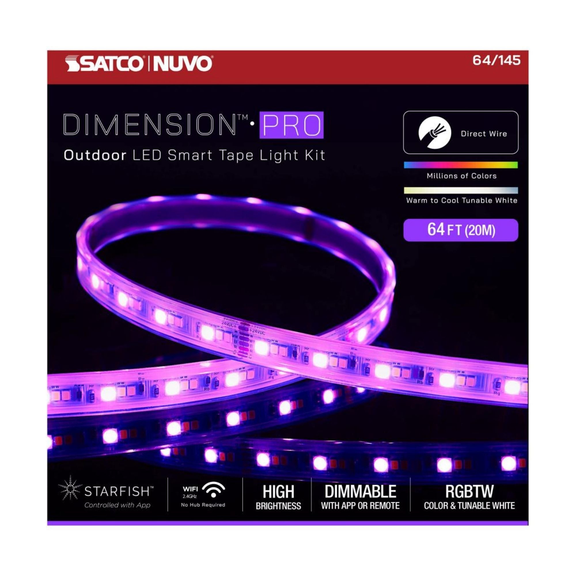 Dimension Pro Outdoor LED Smart Tape Light Kit, 64Ft Reel, RGBTW, 24V, J-Box Connection