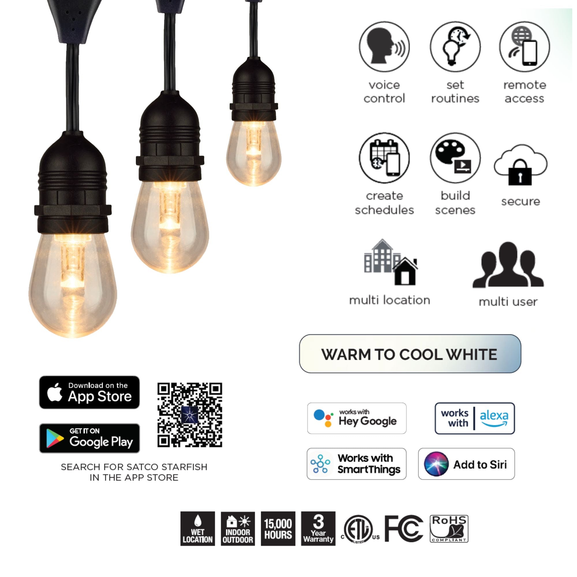 Starfish WiFi Smart Indoor/Outdoor LED String Light, 12-S14 Bulbs, Tunable White