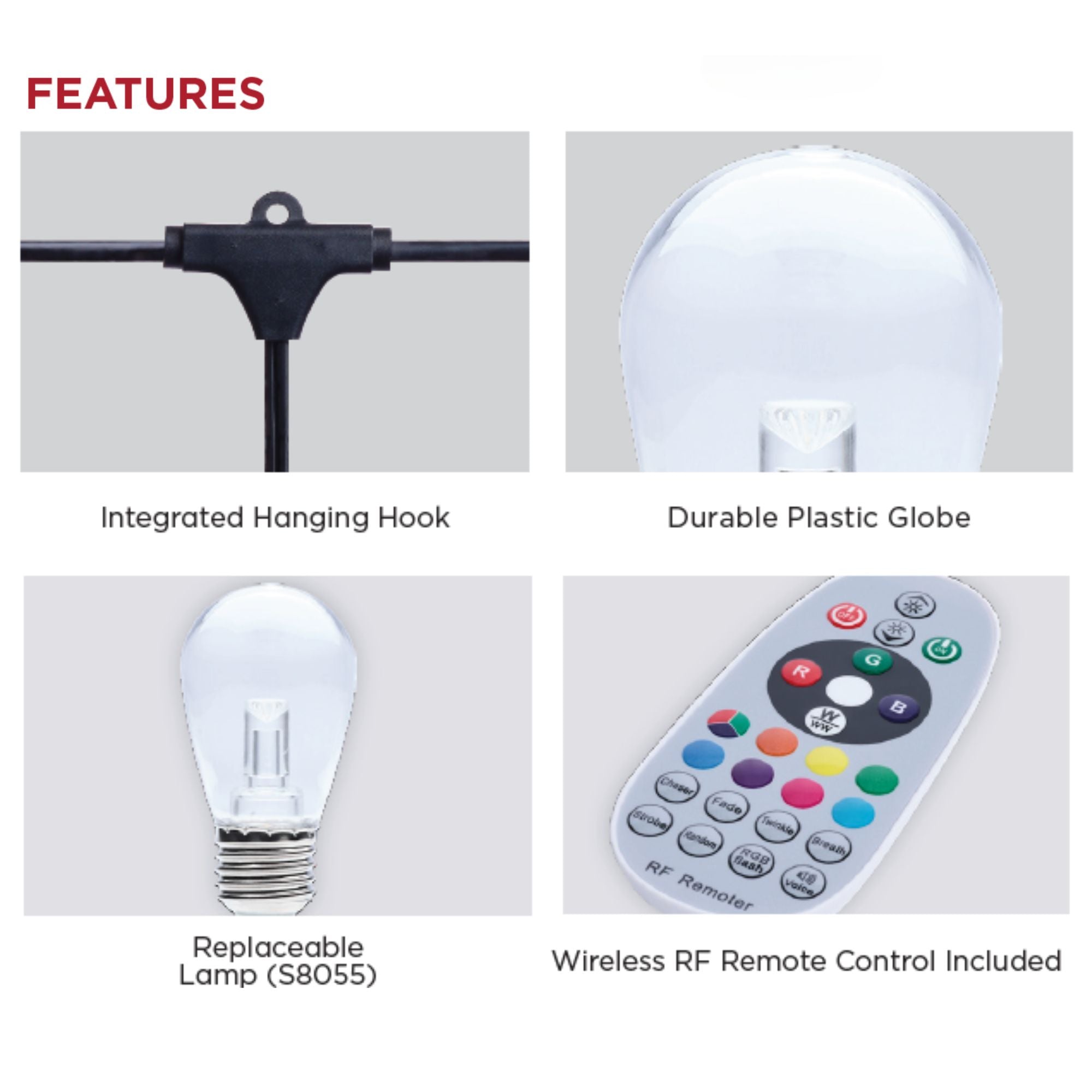 Indoor/Outdoor 24 Feet LED String Light with Remote Control, 12-S14 Bulbs, RGBTW
