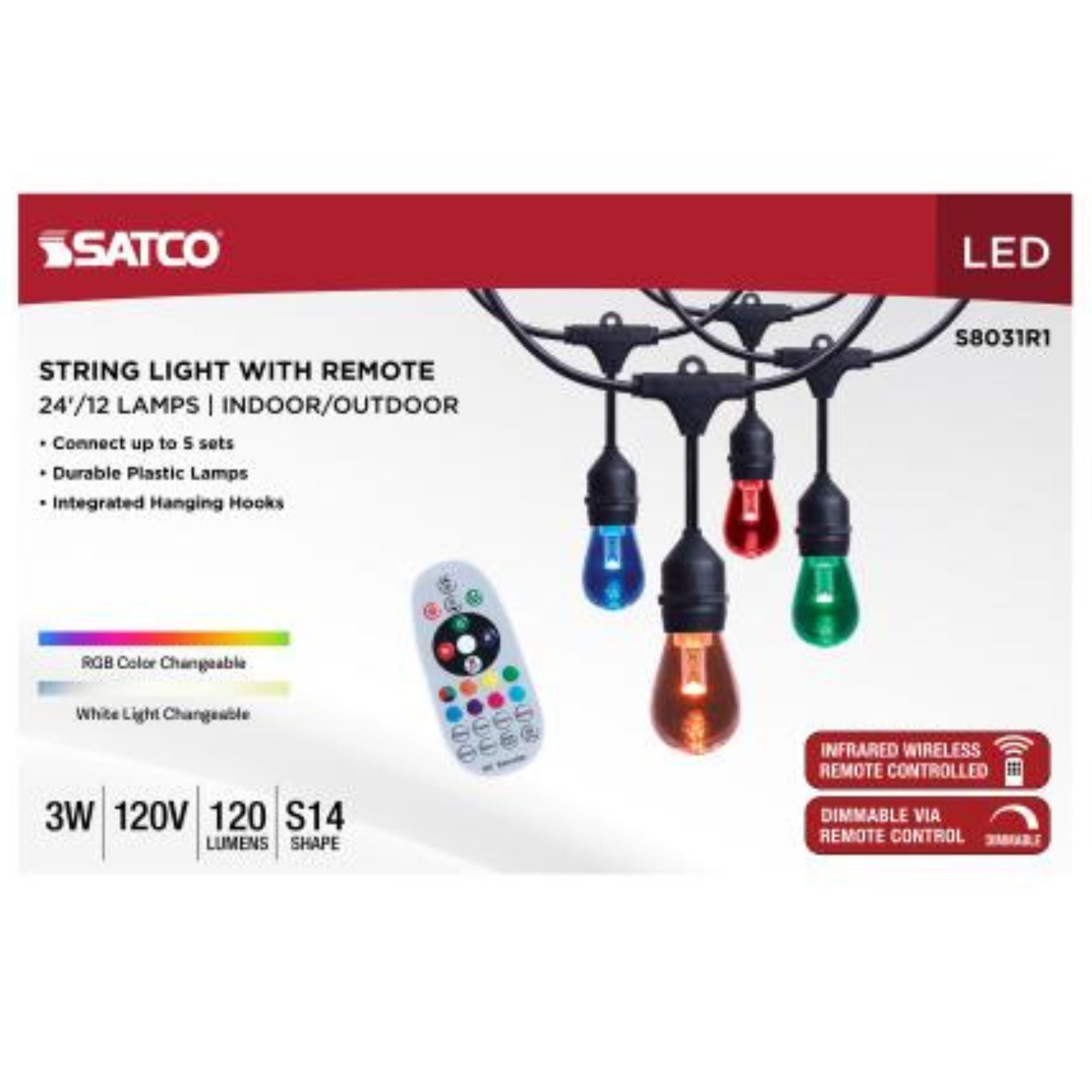 Indoor/Outdoor 24 Feet LED String Light with Remote Control, 12-S14 Bulbs, RGBTW