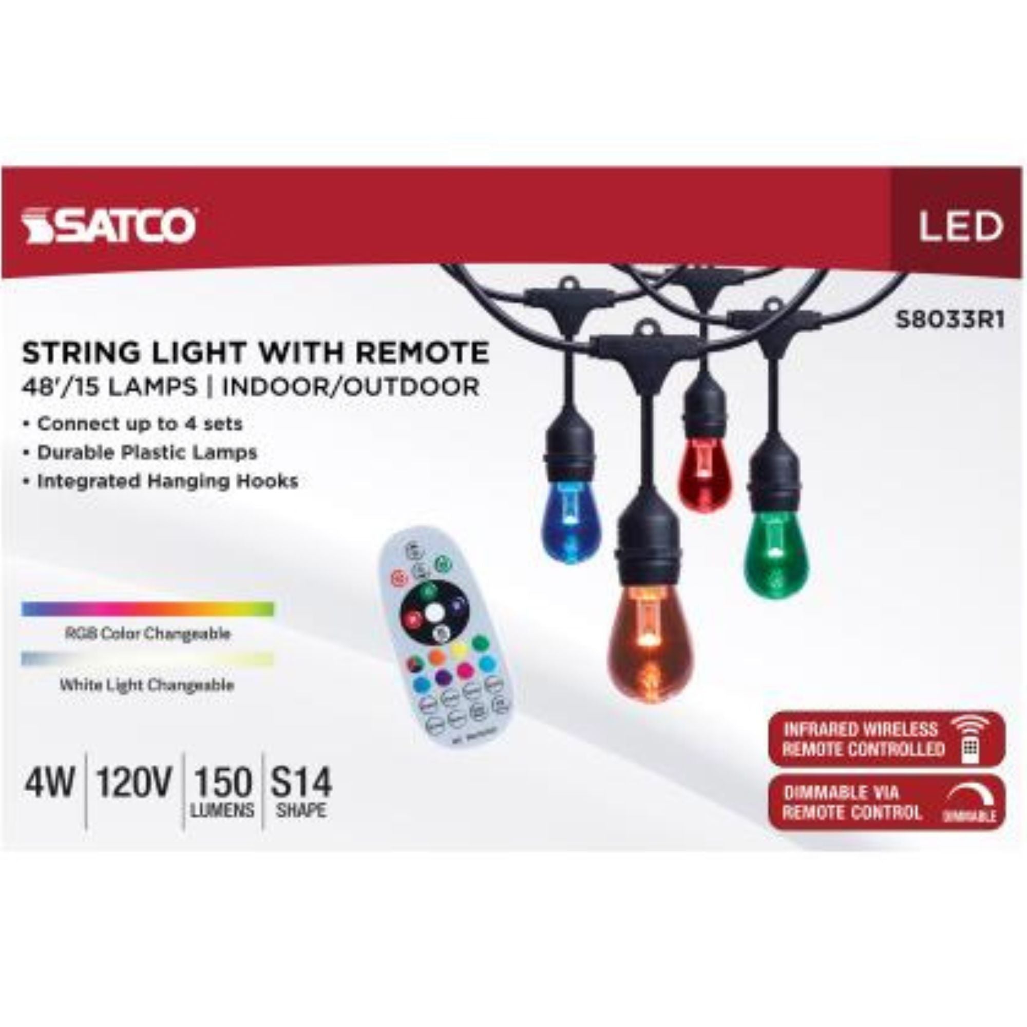 Indoor/Outdoor 48 Feet LED String Light with Remote, 15-LED Bulbs, RGBTW