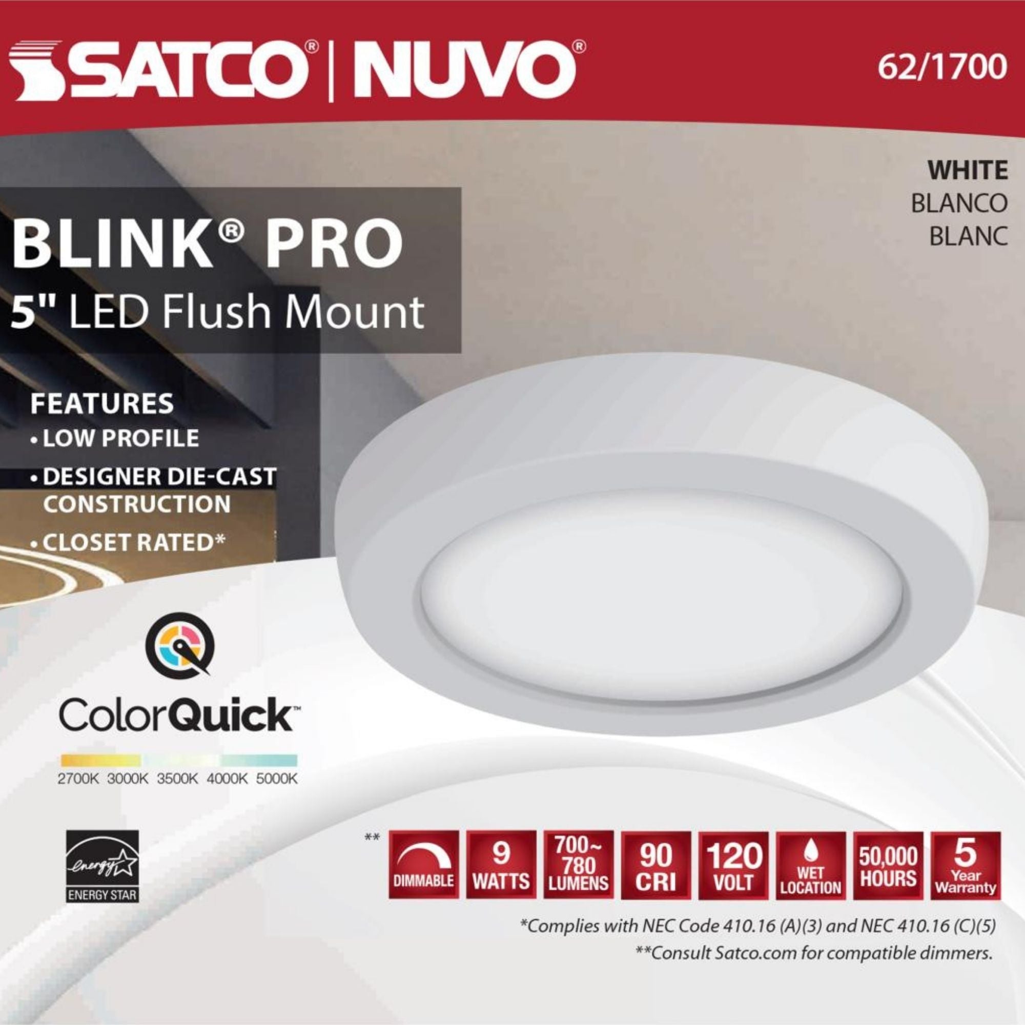Blink 5" LED Round Disk Light, 9W, 5CCT, White Finish