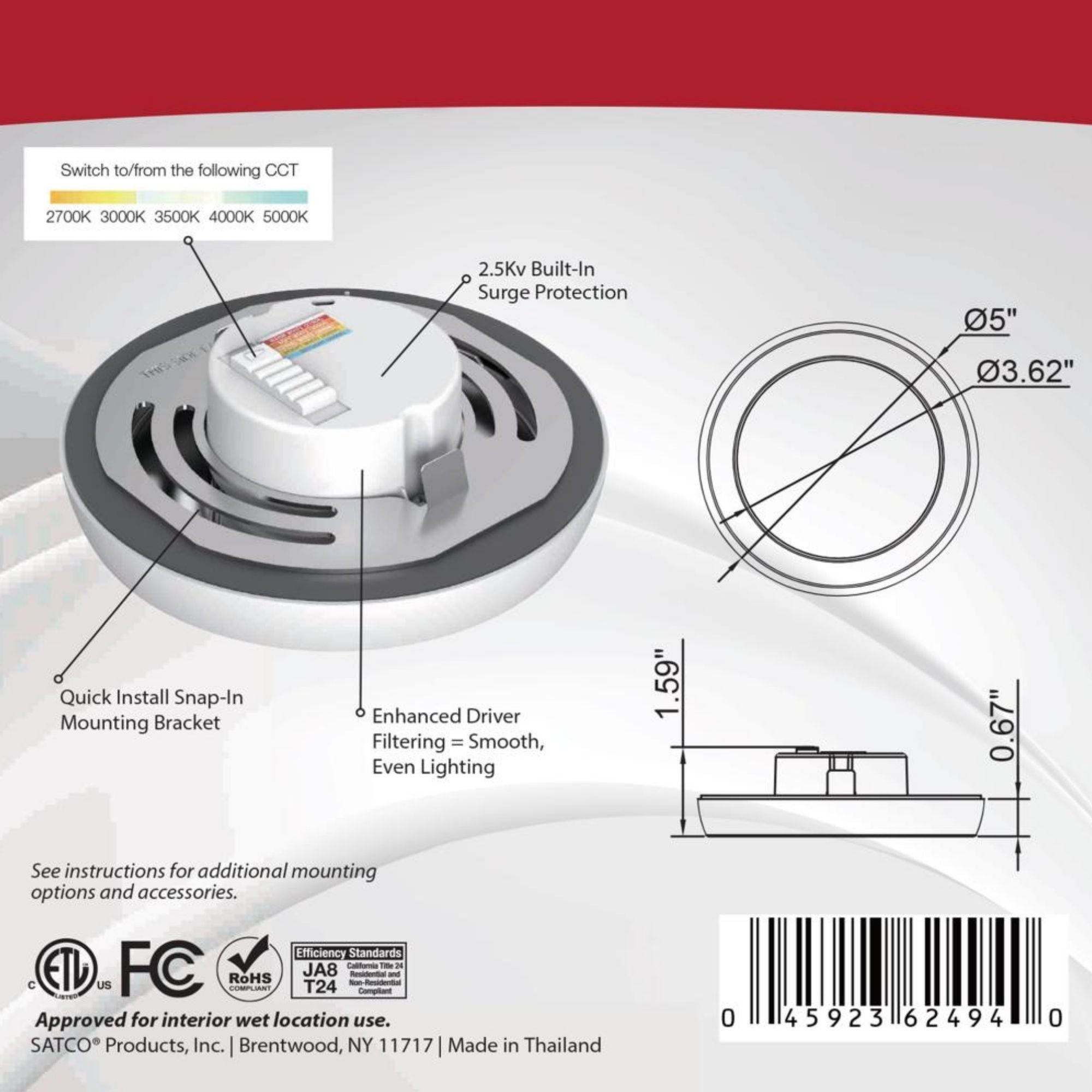Blink 5" LED Round Disk Light, 9W, 5CCT, White Finish