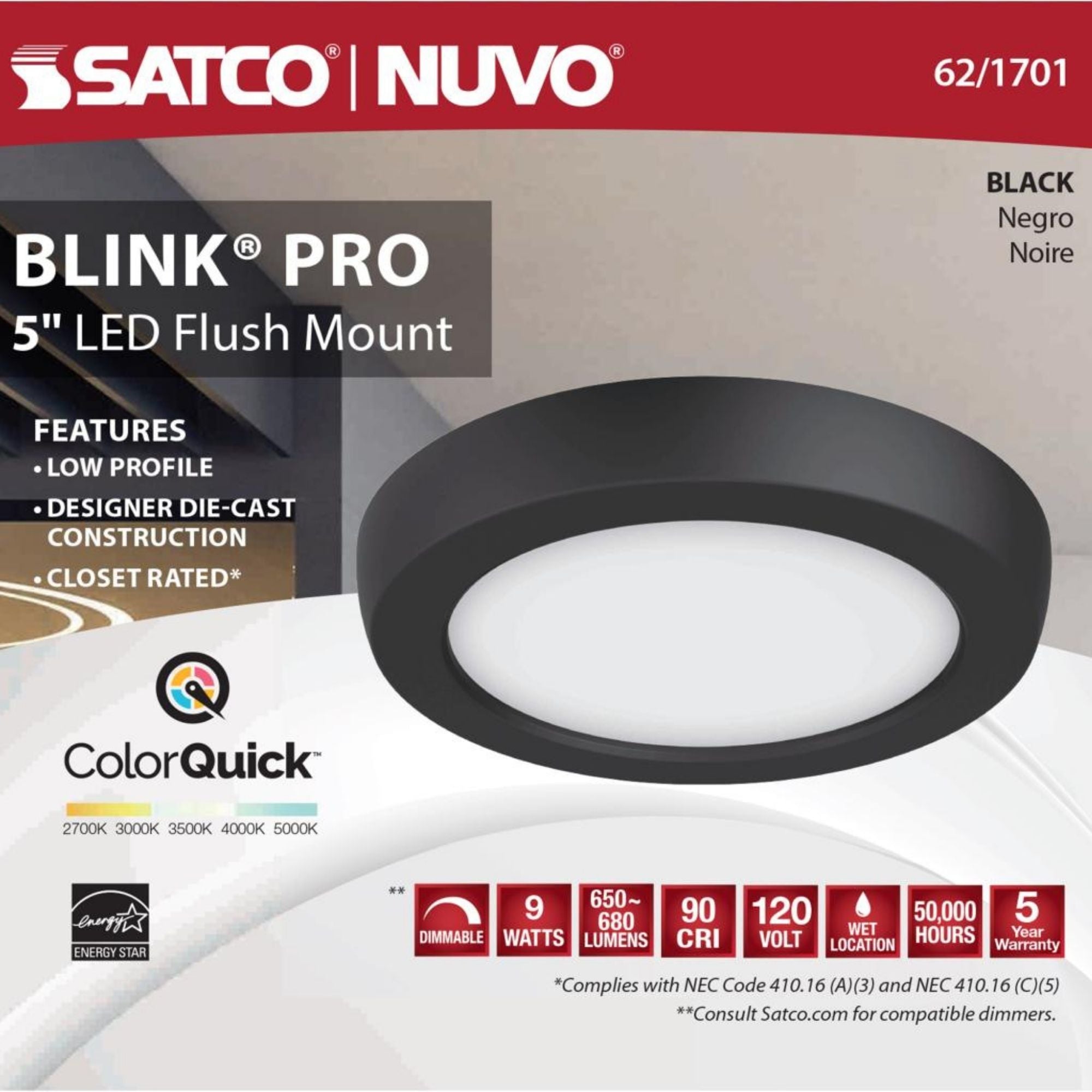 Blink 5" LED Round Disk Light, 9W, 5CCT, Black Finish