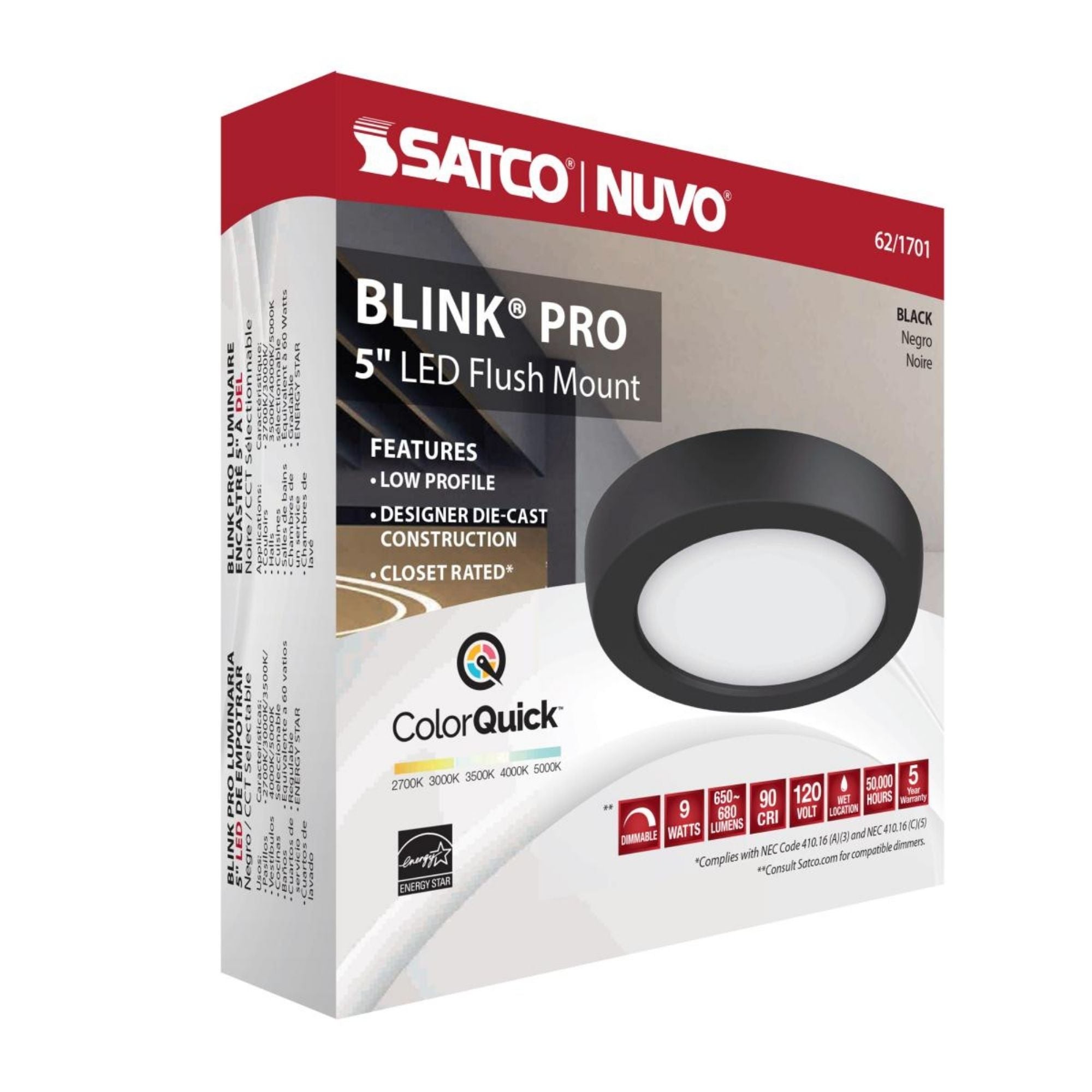 Blink 5" LED Round Disk Light, 9W, 5CCT, Black Finish
