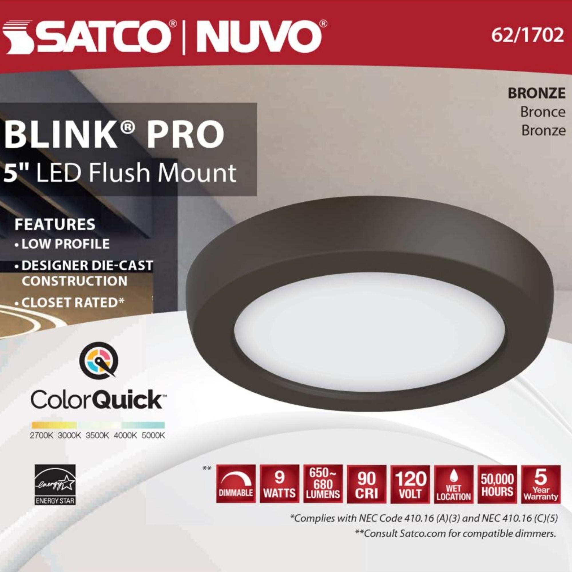 Blink 5" LED Round Disk Light, 9W, 5CCT, Bronze Finish
