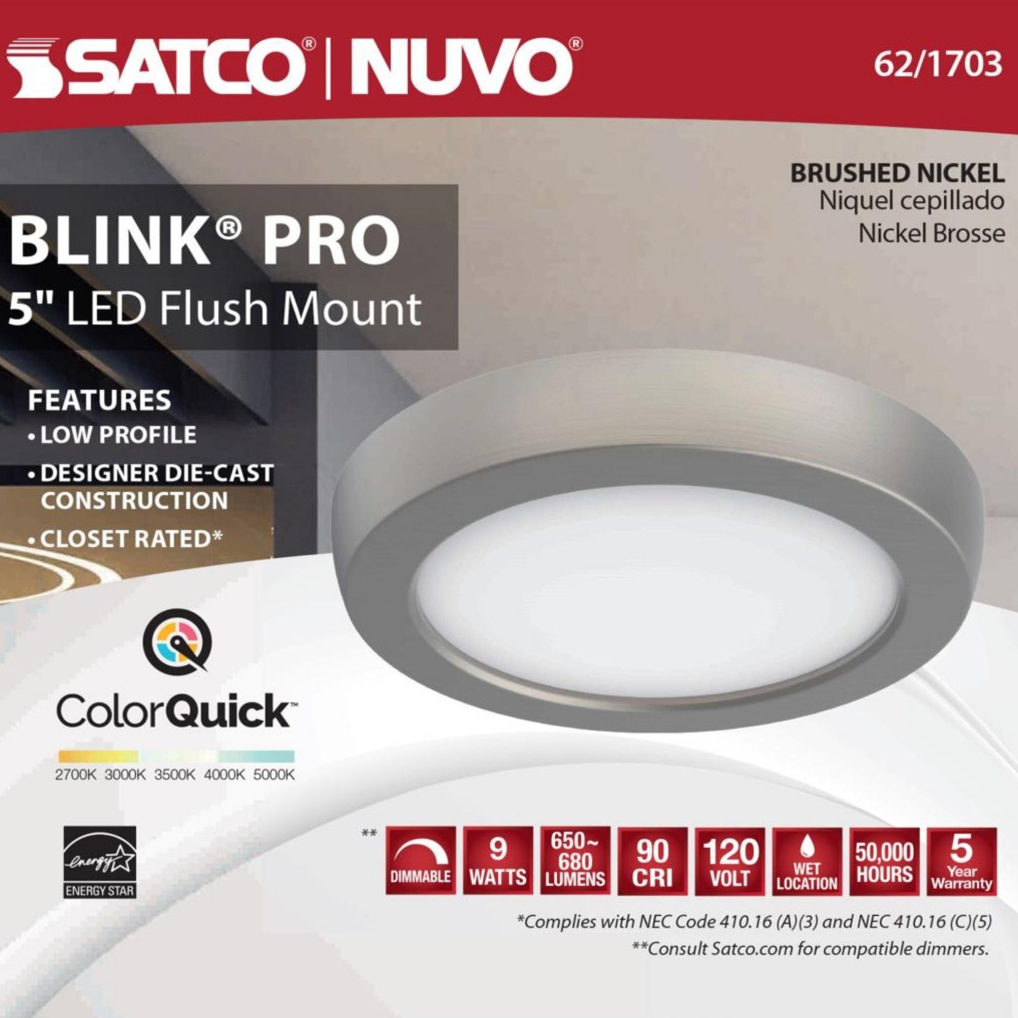 Blink 5" LED Round Disk Light, 9W, 5CCT, Brushed Nickel Finish