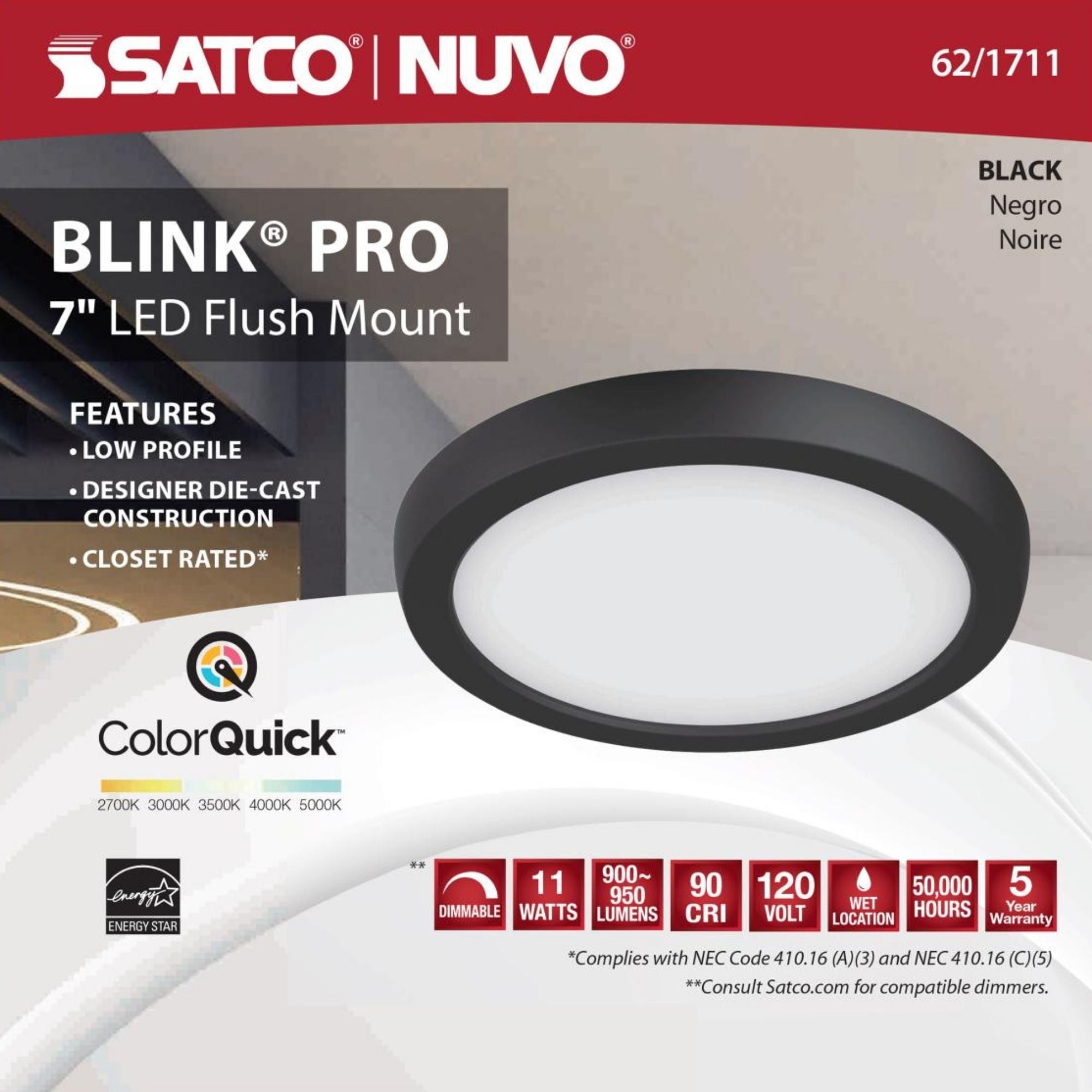 Blink 7" LED Round Disk Light, 11W, 5CCT, Black Finish