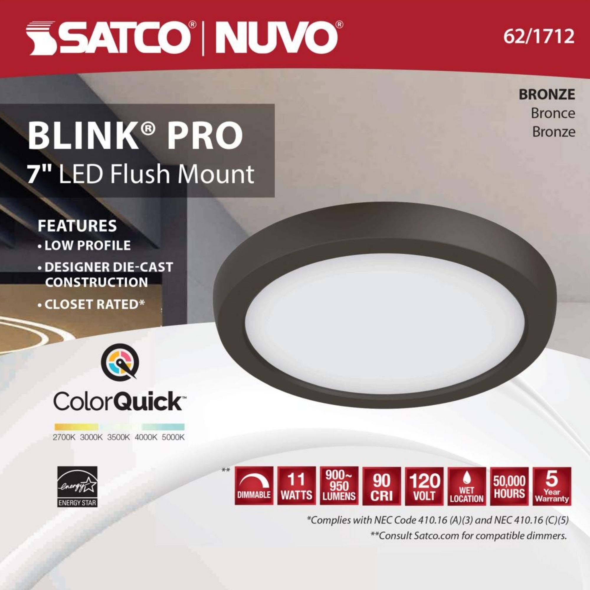 Blink 7" LED Round Disk Light, 11W, 5CCT, Bronze Finish