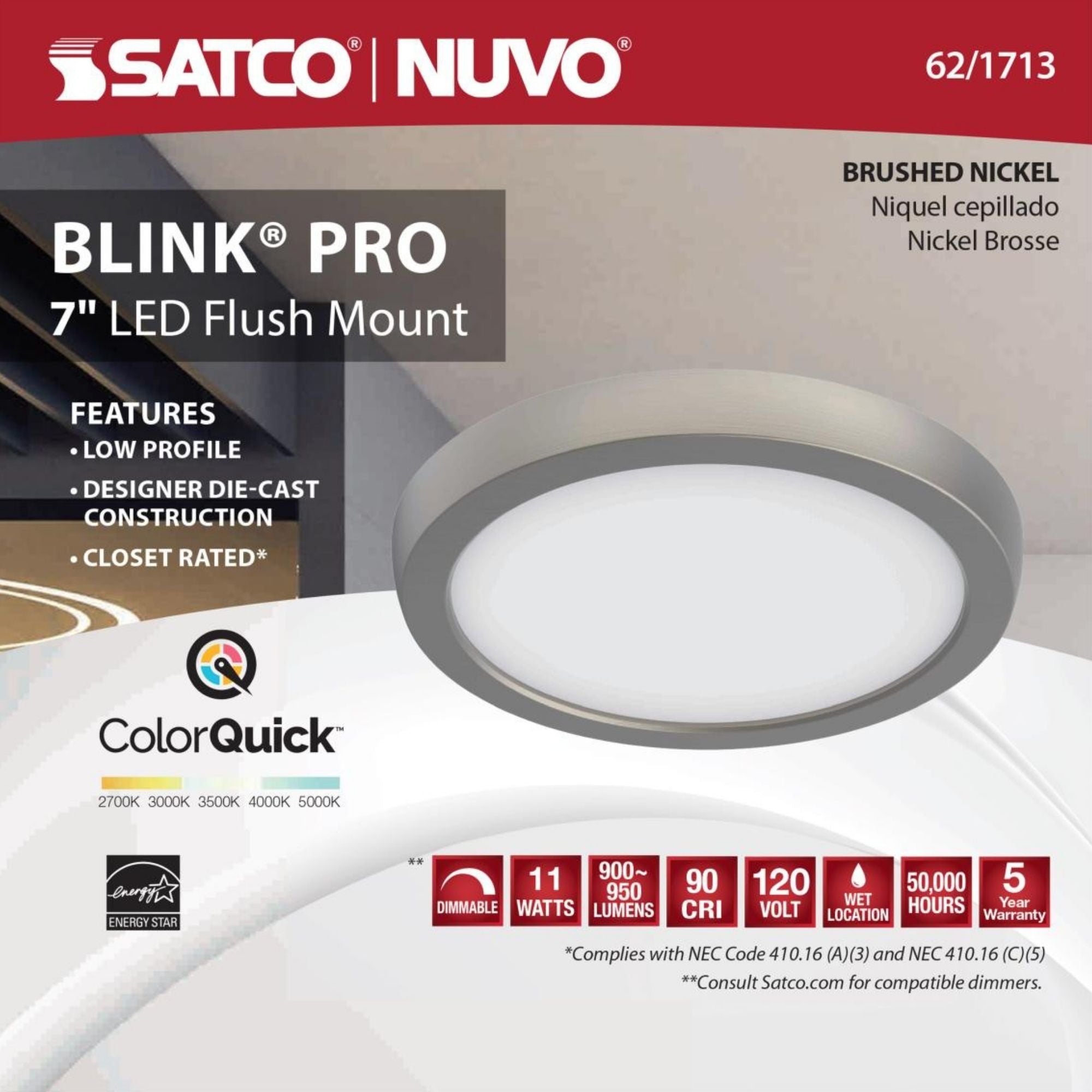 Blink 7" LED Round Disk Light, 11W, 5CCT, Brushed Nickel Finish