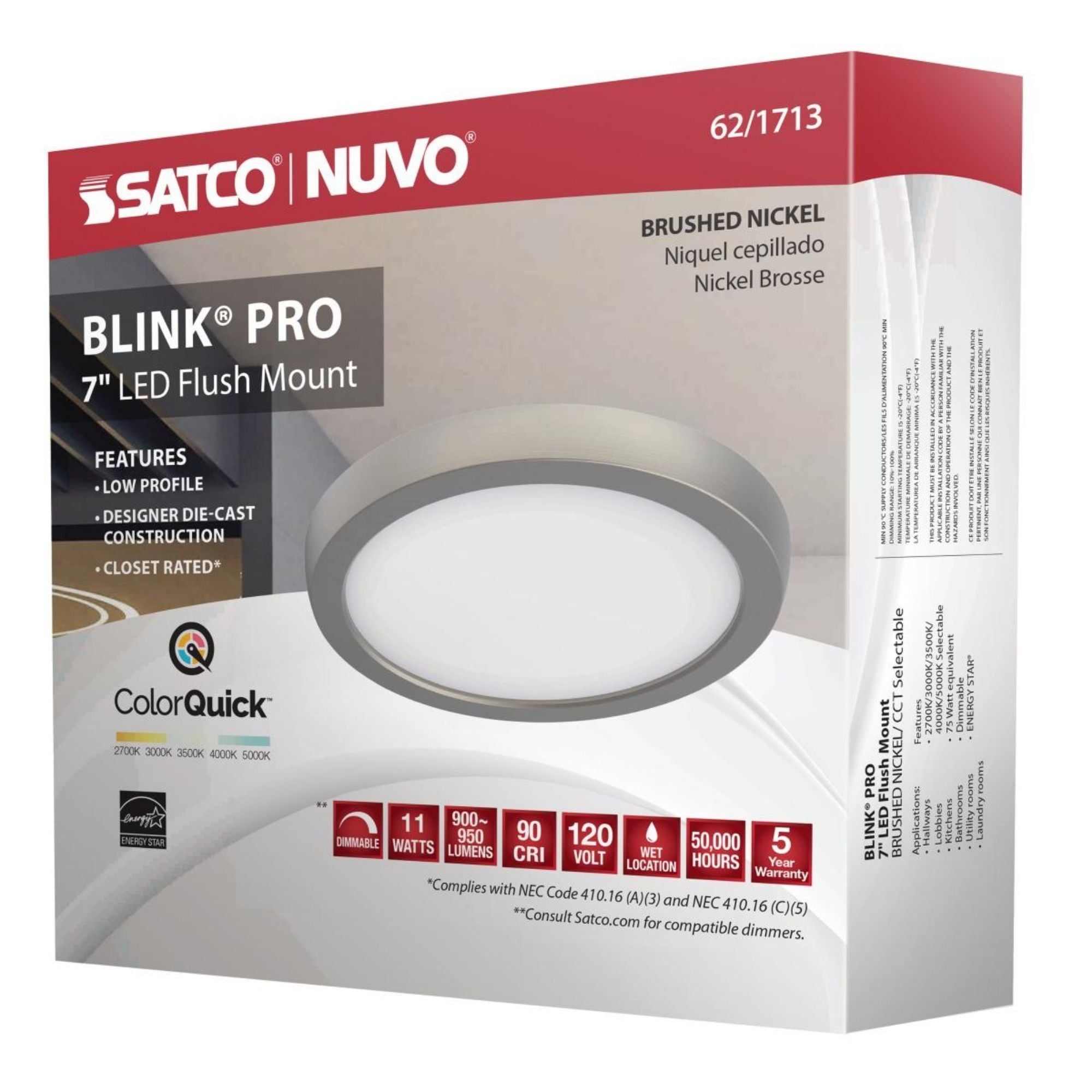 Blink 7" LED Round Disk Light, 11W, 5CCT, Brushed Nickel Finish