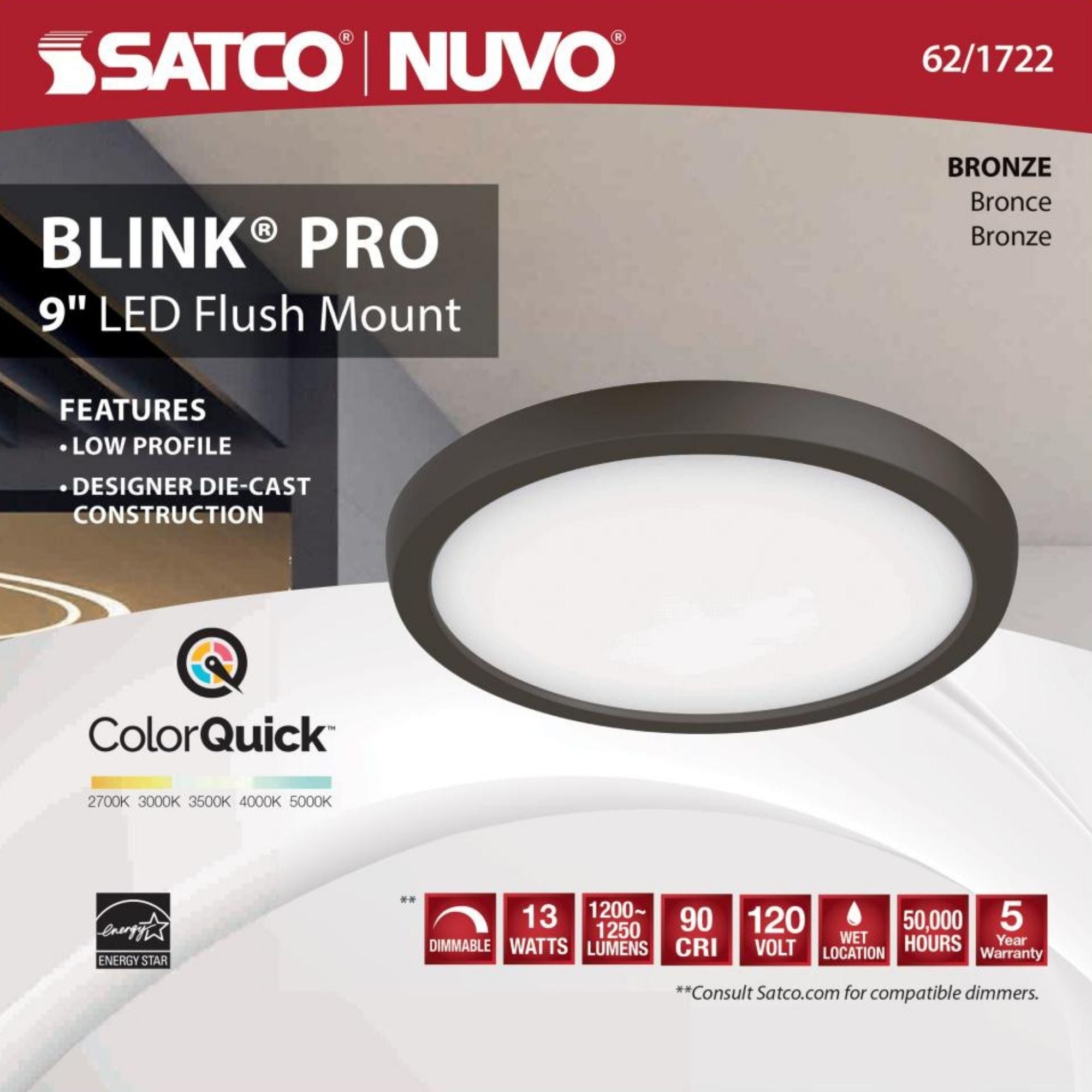 Blink 9" LED Round Disk Light, 13W, 5CCT, Bronze Finish