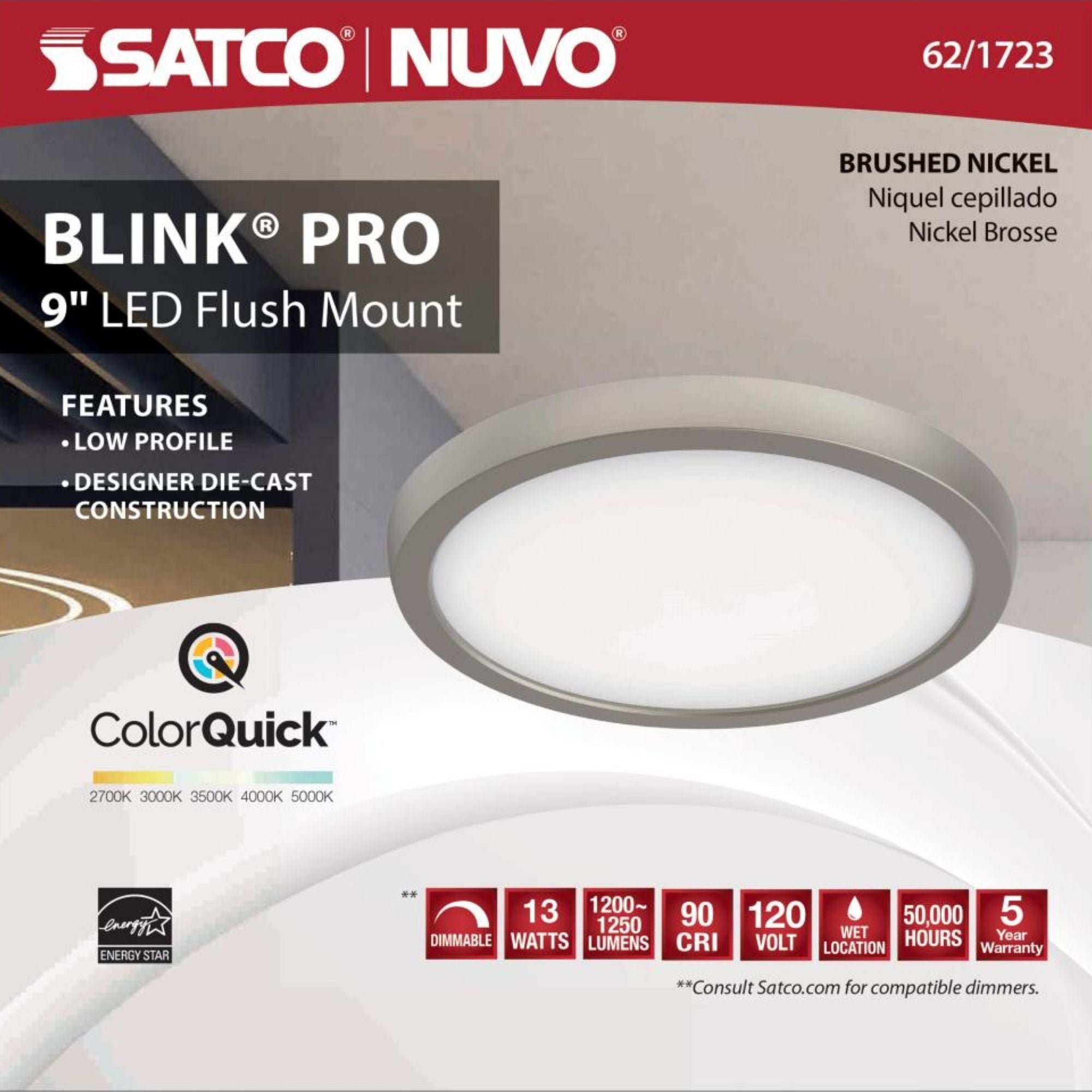 Blink 9" LED Round Disk Light, 13W, 5CCT, Brushed Nickel Finish