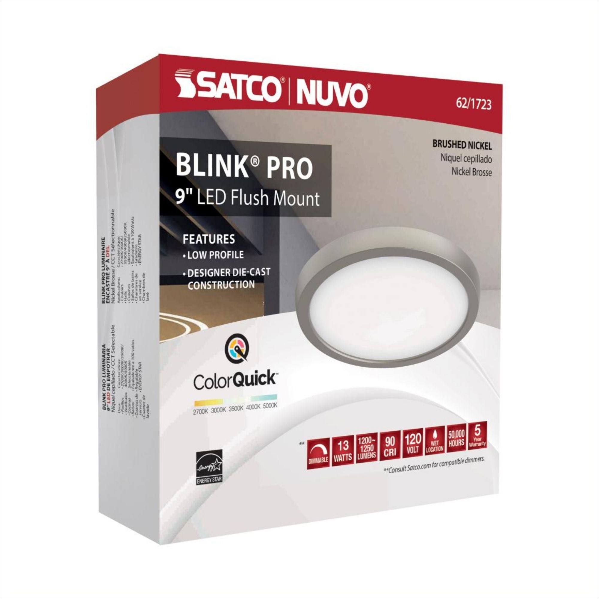 Blink 9" LED Round Disk Light, 13W, 5CCT, Brushed Nickel Finish
