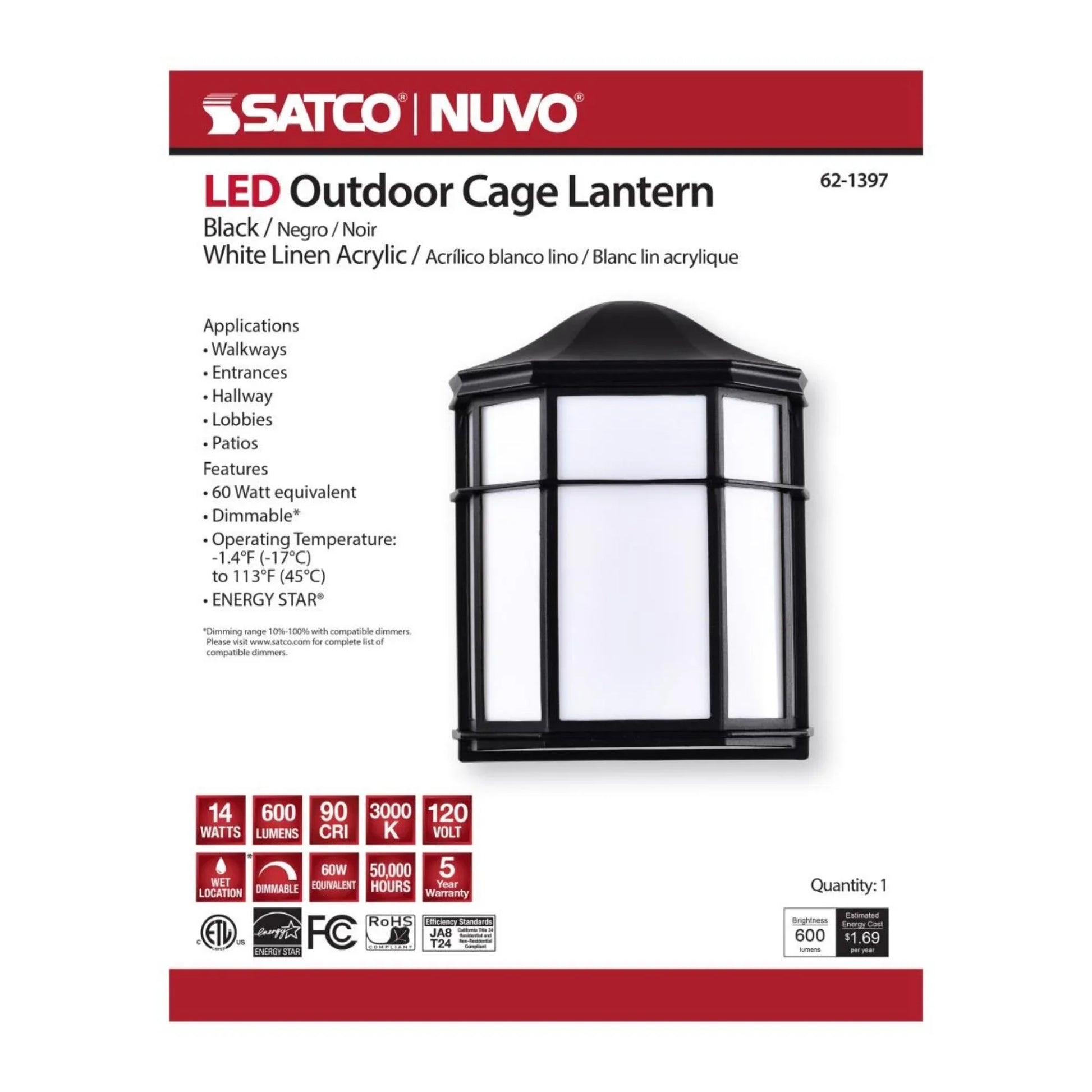 10" LED Cage Wall Lantern, 600 Lm, 3000K, Black - Bees Lighting