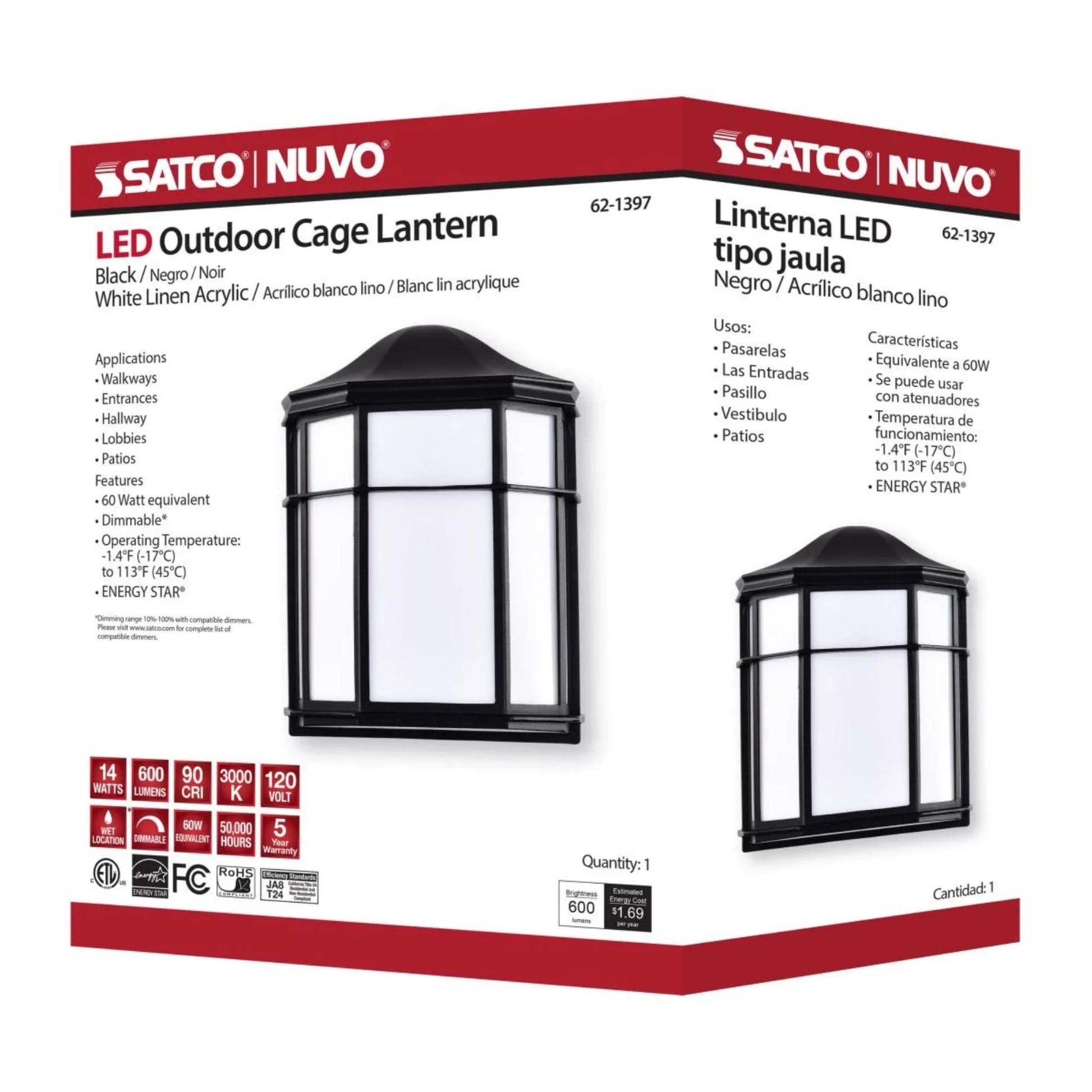 10" LED Cage Wall Lantern, 600 Lm, 3000K, Black - Bees Lighting