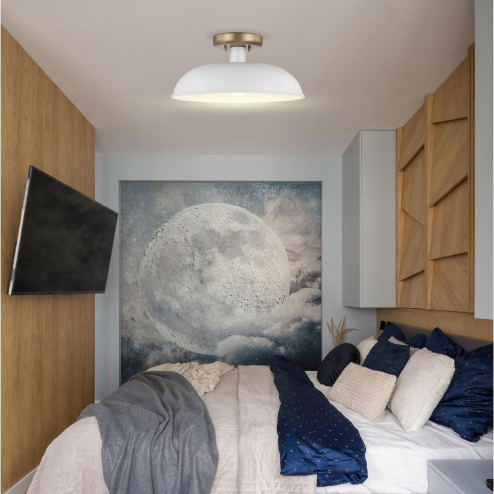 Colony 15" Flush Mount, Matte White / Burnished Brass Finish