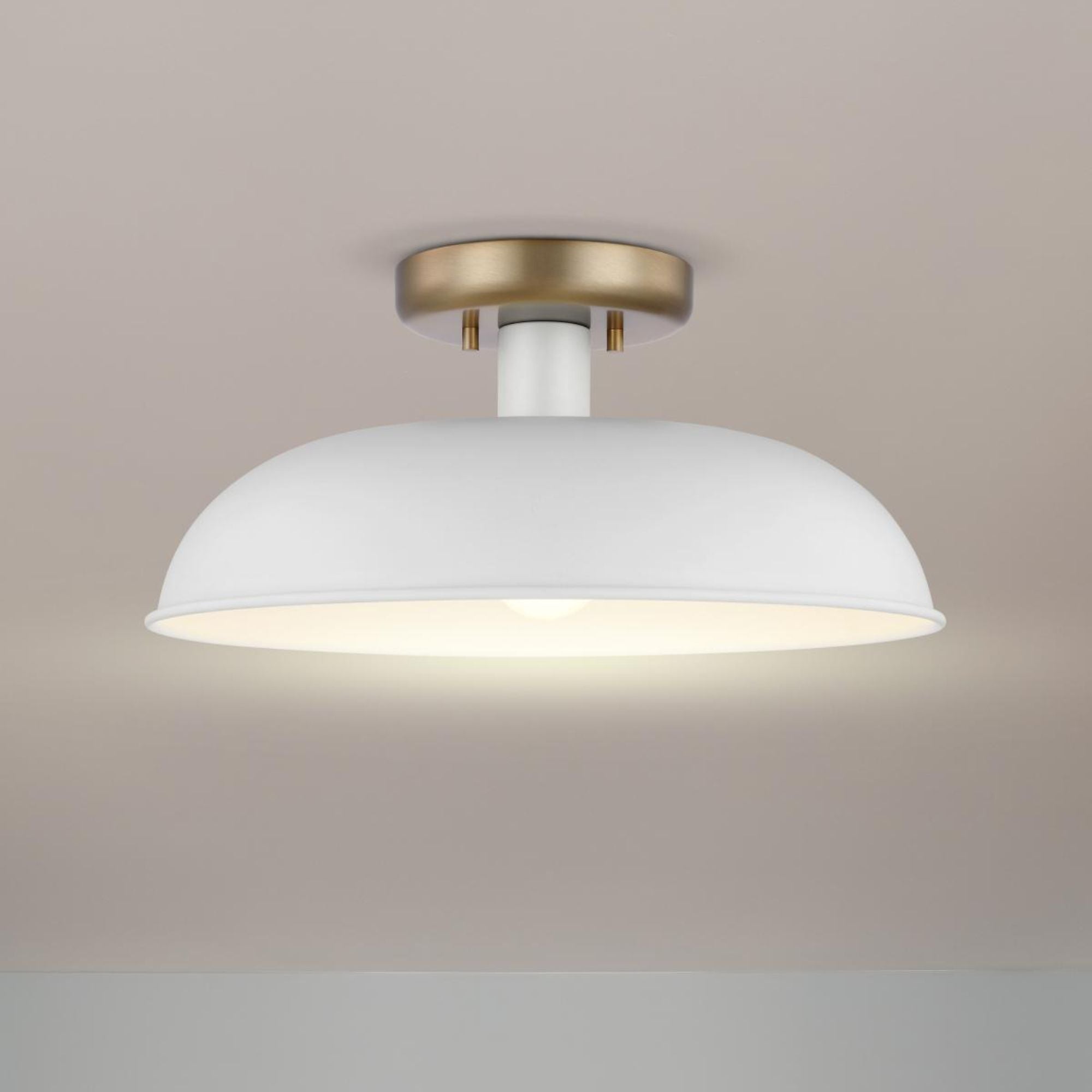 Colony 15" Flush Mount, Matte White / Burnished Brass Finish