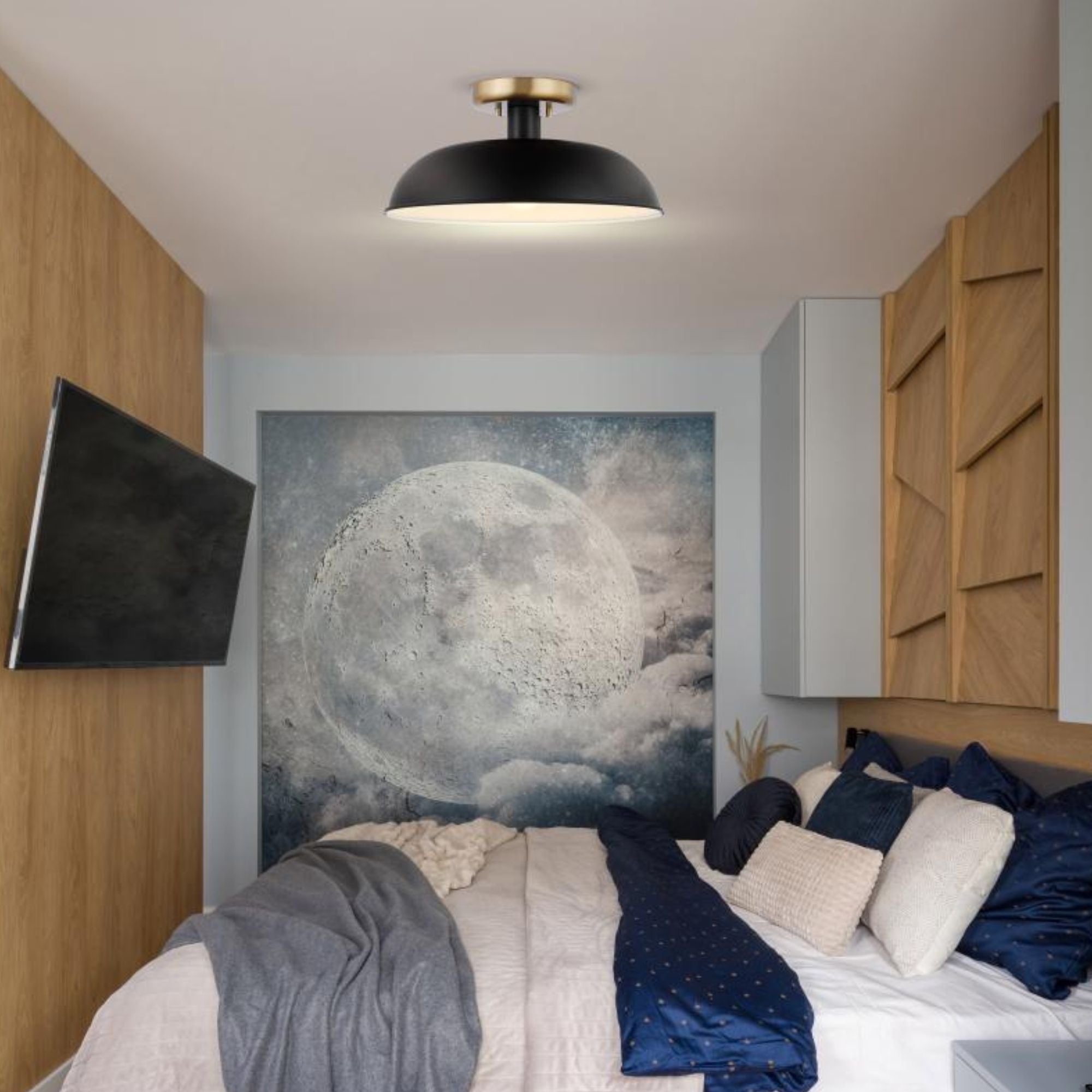 Colony 15" Flush Mount, Matte Black / Burnished Brass Finish
