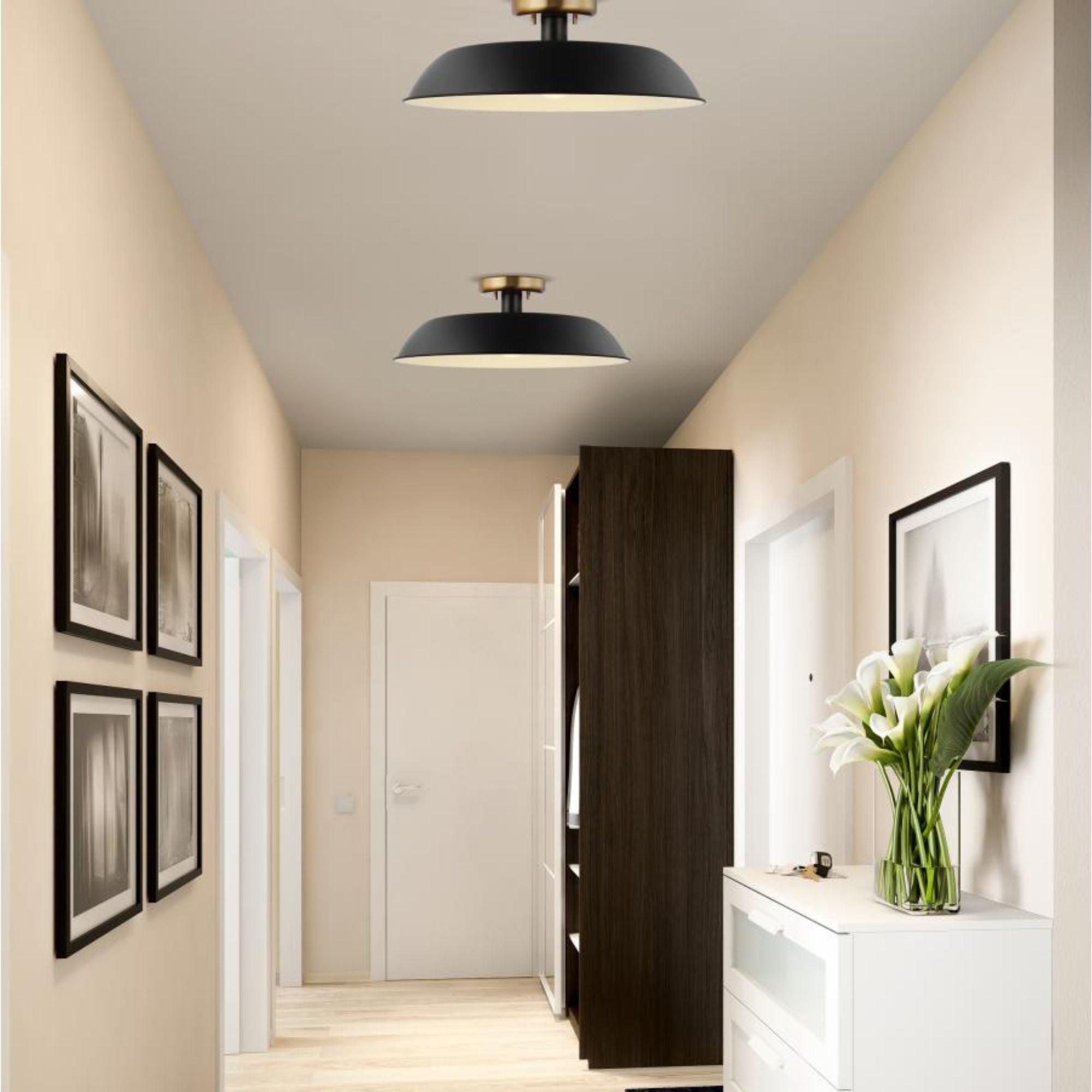 Colony 20" Flush Mount, Matte Black / Burnished Brass Finish