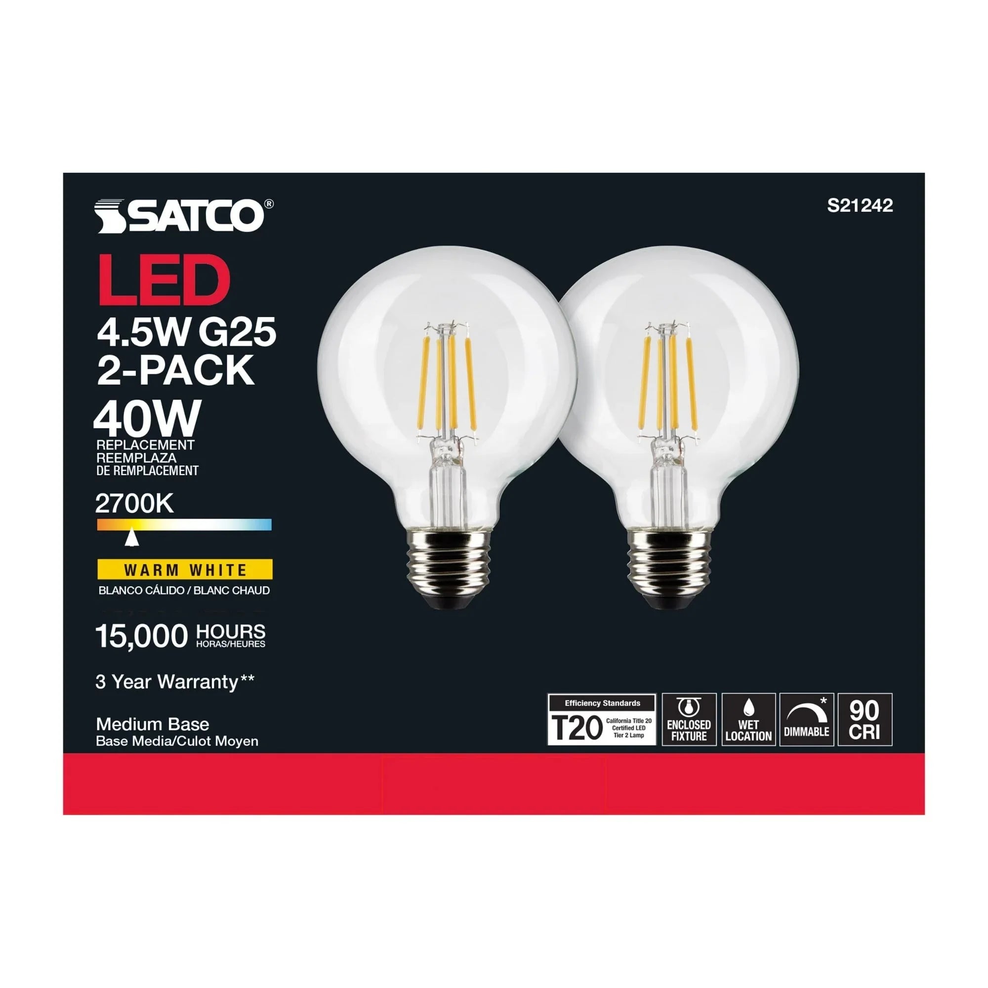 G25 Filament LED Globe Bulb, 5 Watts, 350 Lumens, 2700K, E26 Medium Base, Clear, Pack of 2