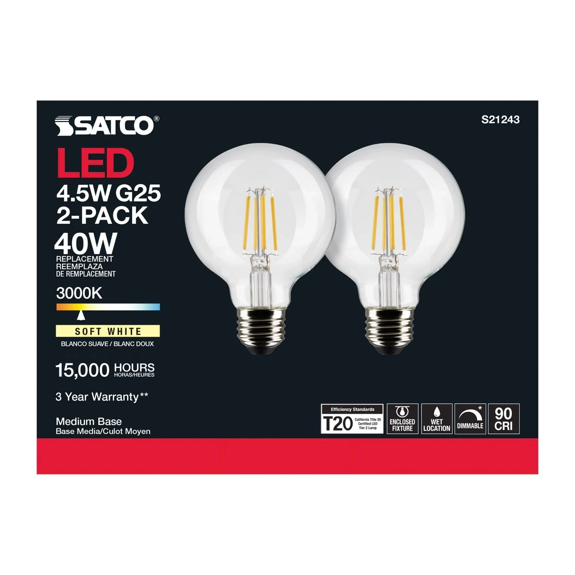 G25 Filament LED Globe Bulb, 5 Watts, 350 Lumens, 3000K, E26 Medium Base, Clear, Pack of 2