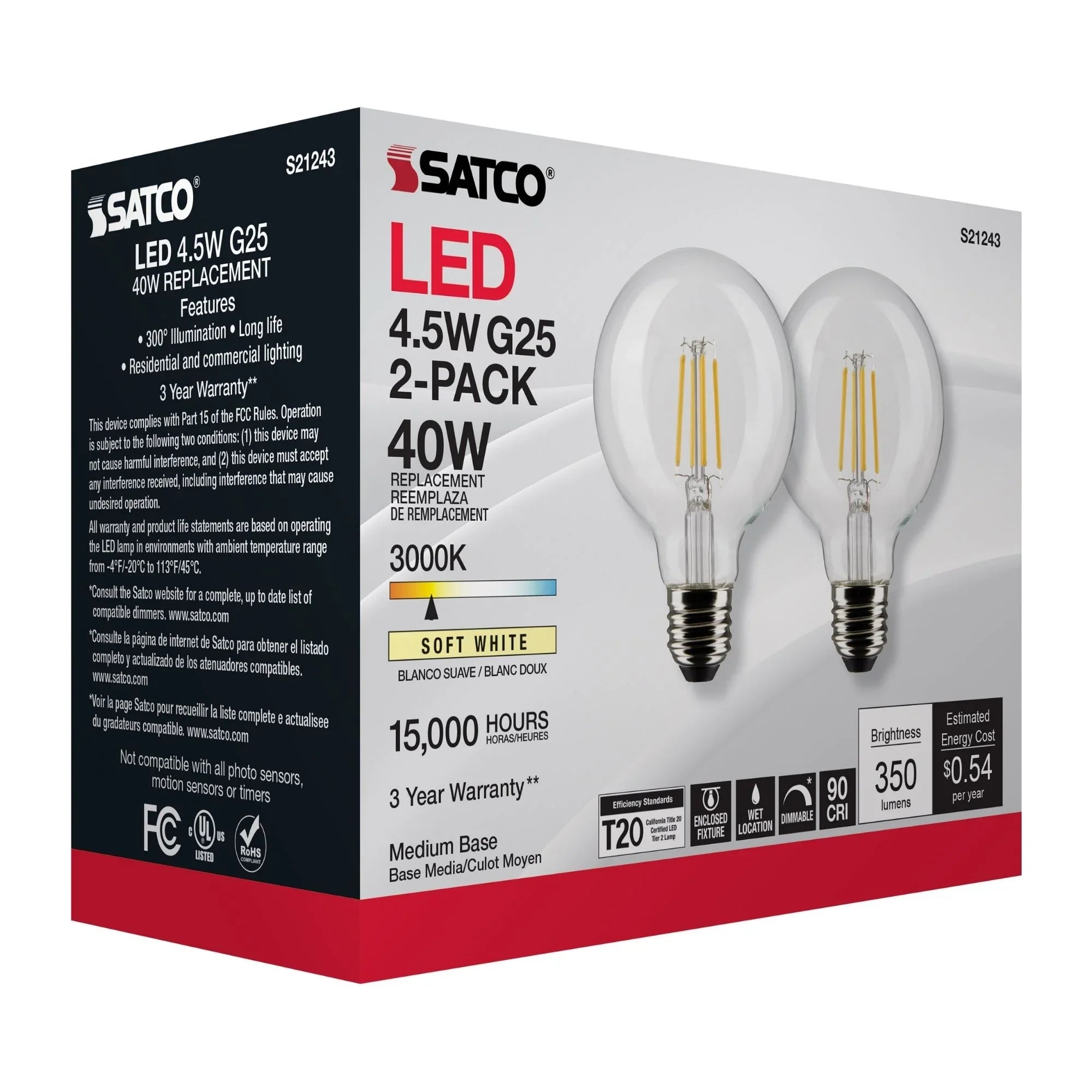 G25 Filament LED Globe Bulb, 5 Watts, 350 Lumens, 3000K, E26 Medium Base, Clear, Pack of 2