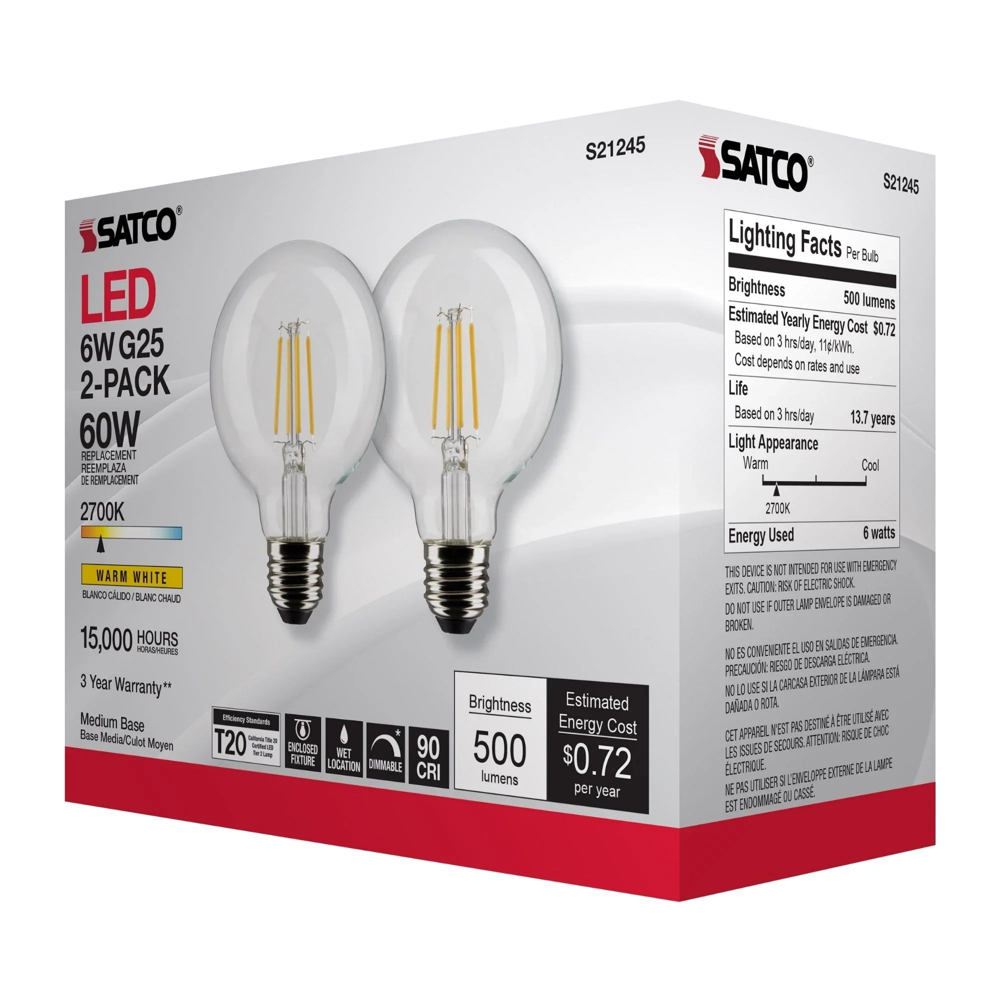G25 Filament LED Globe Bulb, 6 Watts, 500 Lumens, 2700K, E26 Medium Base, Clear, Pack of 2