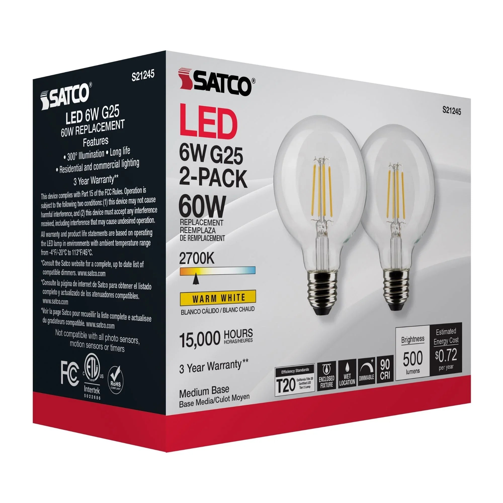 G25 Filament LED Globe Bulb, 6 Watts, 500 Lumens, 2700K, E26 Medium Base, Clear, Pack of 2