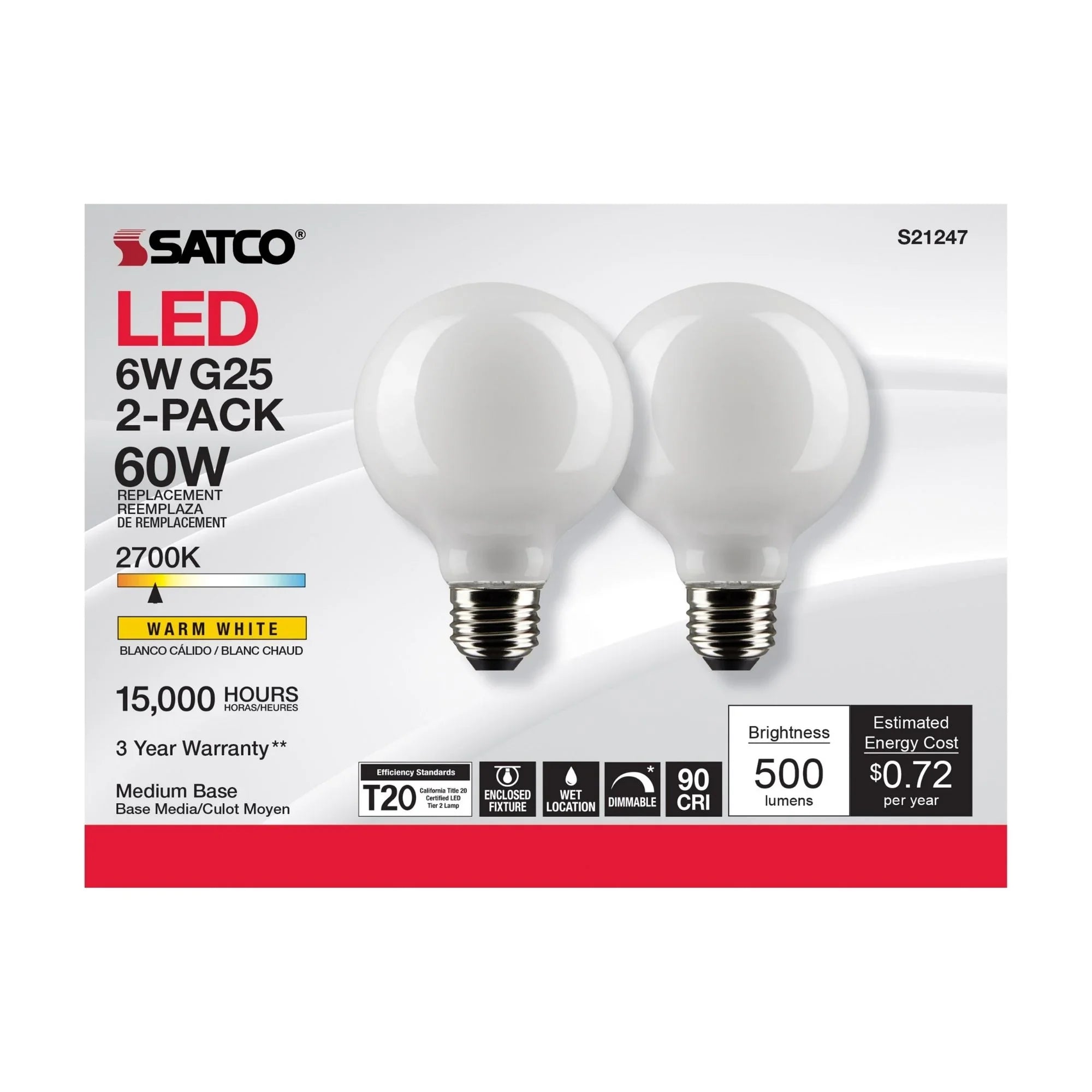 G25 LED Globe Bulb, 6 Watts, 500 Lumens, 60W Equal, 2700K, E26 Medium Base, Frosted, Pack of 2