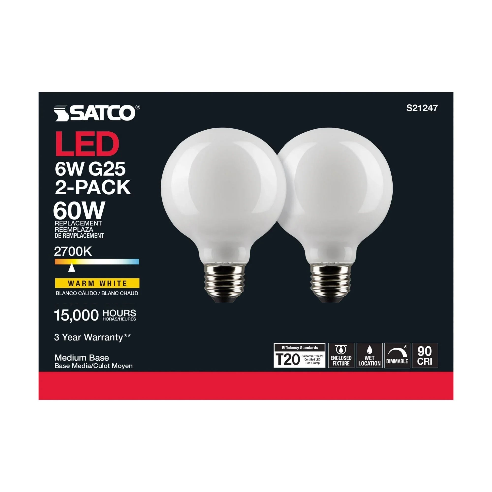 G25 LED Globe Bulb, 6 Watts, 500 Lumens, 60W Equal, 2700K, E26 Medium Base, Frosted, Pack of 2