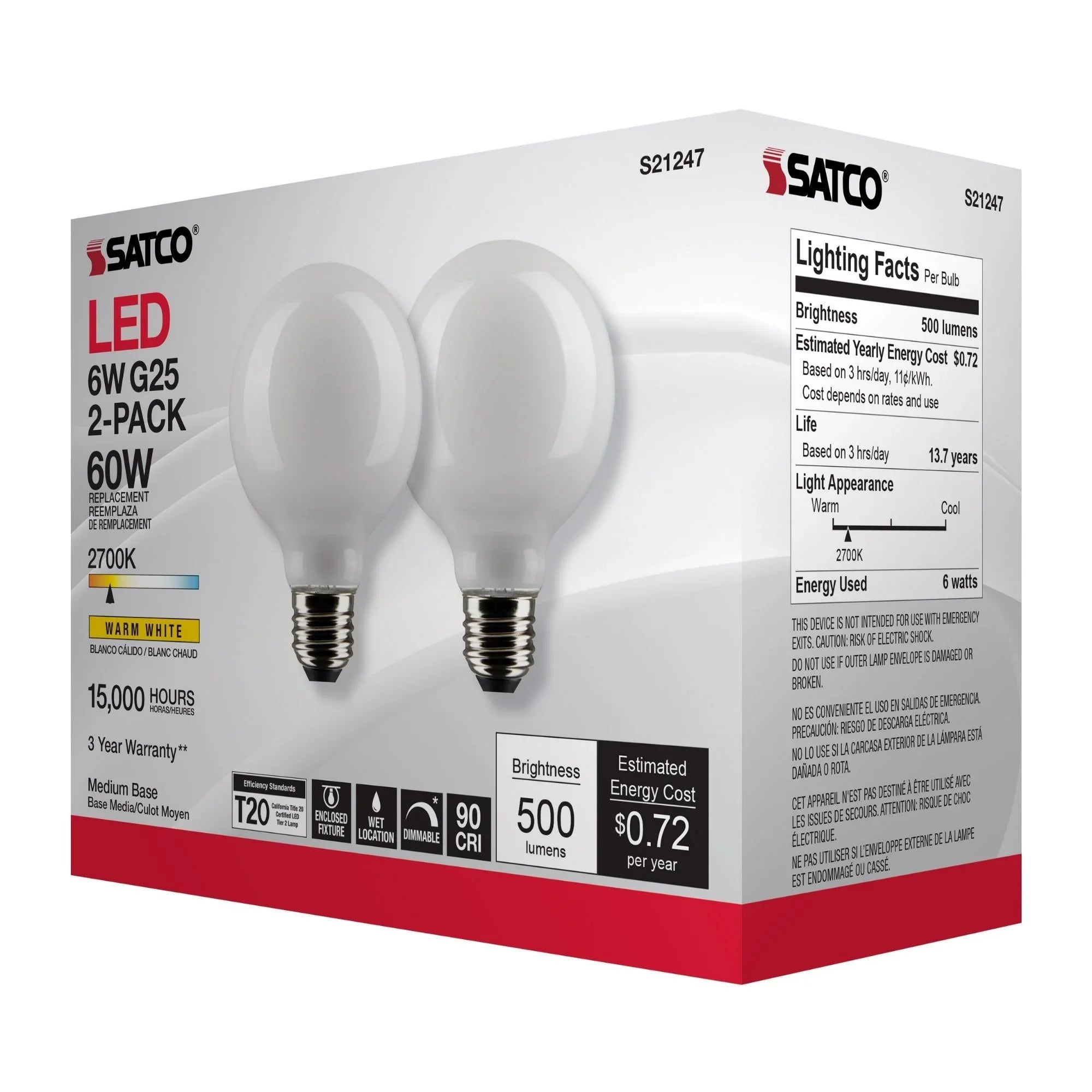 G25 LED Globe Bulb, 6 Watts, 500 Lumens, 60W Equal, 2700K, E26 Medium Base, Frosted, Pack of 2