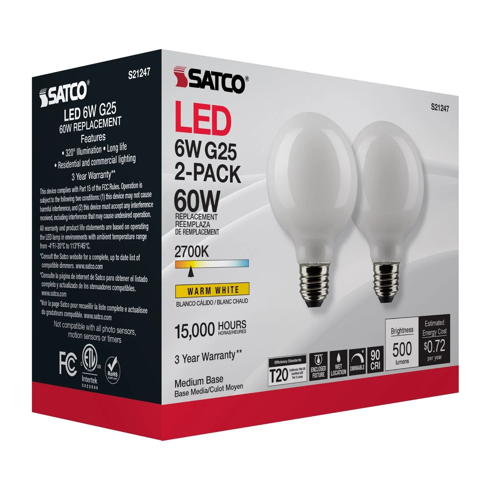 G25 LED Globe Bulb, 6 Watts, 500 Lumens, 60W Equal, 2700K, E26 Medium Base, Frosted, Pack of 2