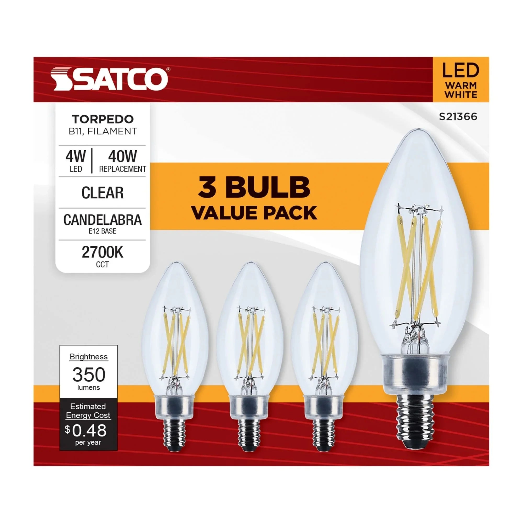 B11 Candle Filament LED Bulb, 40W Equal, 4W, 350lm, 2700K, E12 Candelabra, Clear, Pack of 3