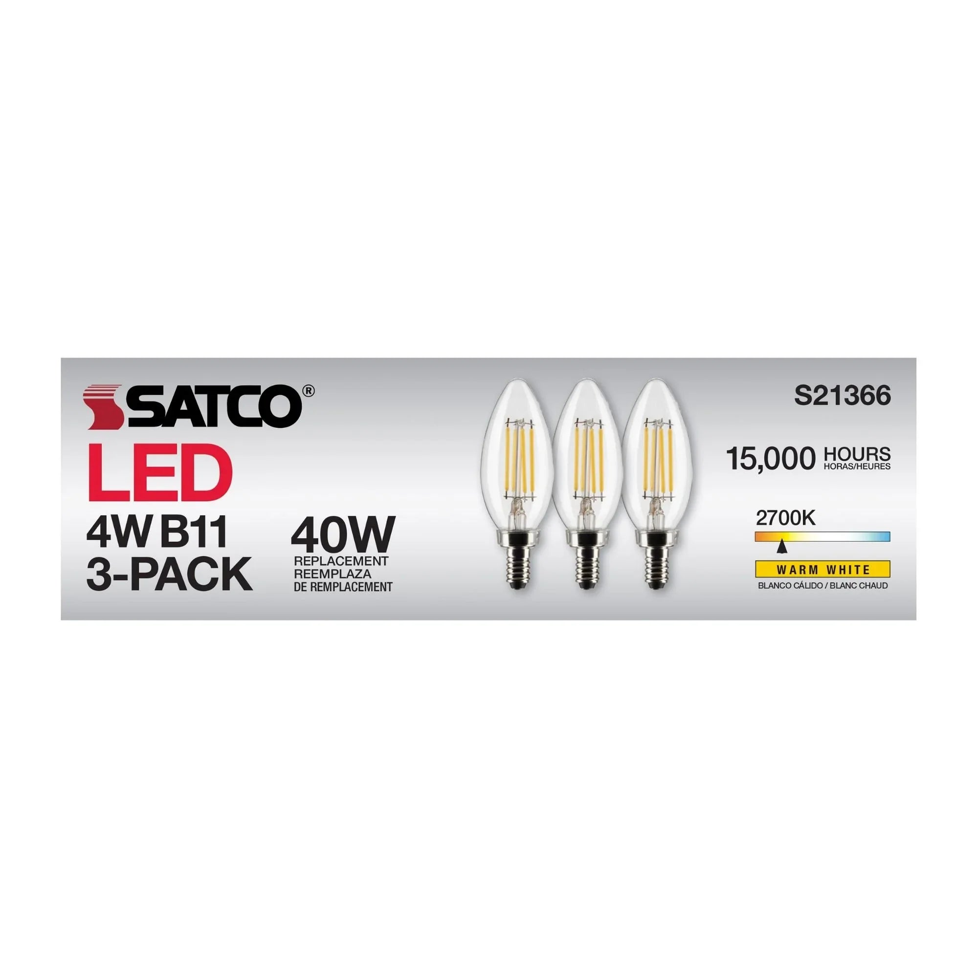 B11 Candle Filament LED Bulb, 40W Equal, 4W, 350lm, 2700K, E12 Candelabra, Clear, Pack of 3