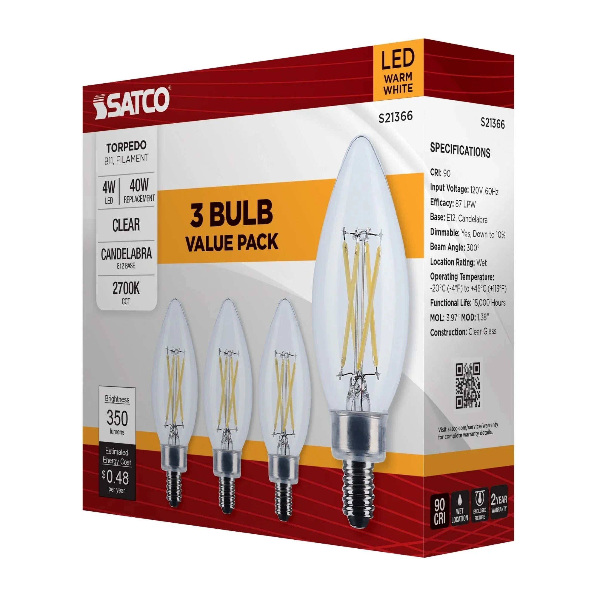 B11 Candle Filament LED Bulb, 40W Equal, 4W, 350lm, 2700K, E12 Candelabra, Clear, Pack of 3
