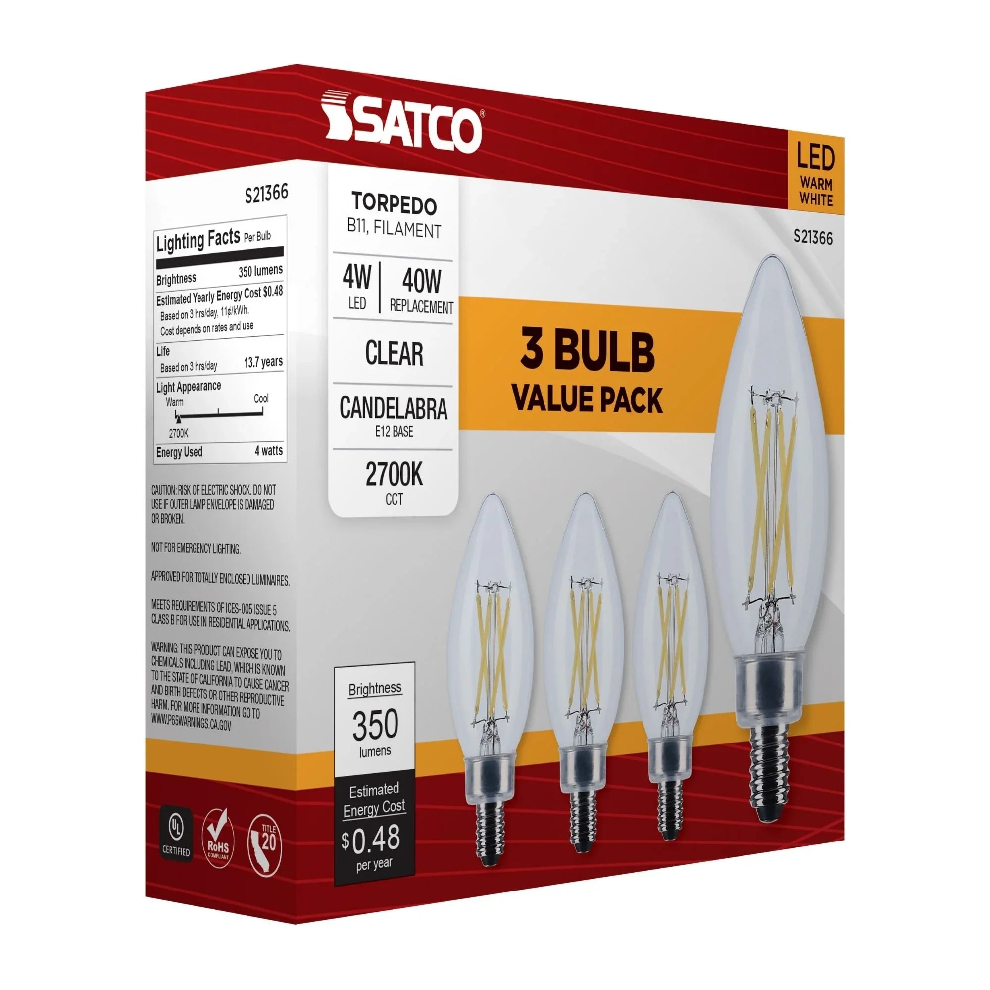 B11 Candle Filament LED Bulb, 40W Equal, 4W, 350lm, 2700K, E12 Candelabra, Clear, Pack of 3