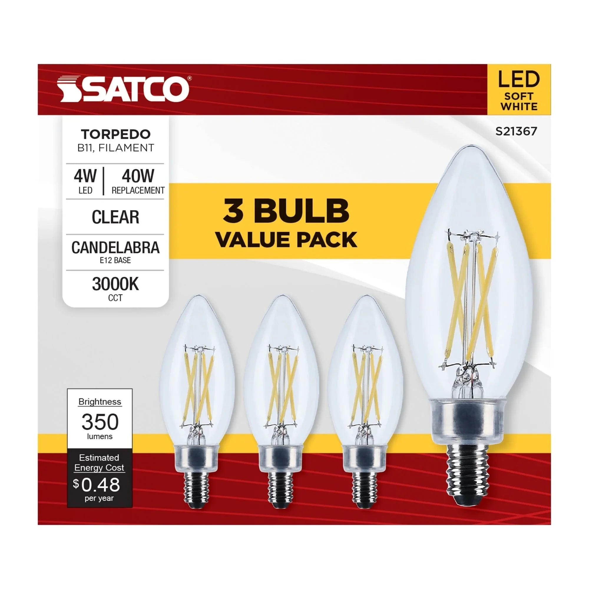 B11 Candle Filament LED Bulb, 40W Equal, 4W, 350lm, 3000K, E12 Candelabra, Clear, Pack of 3