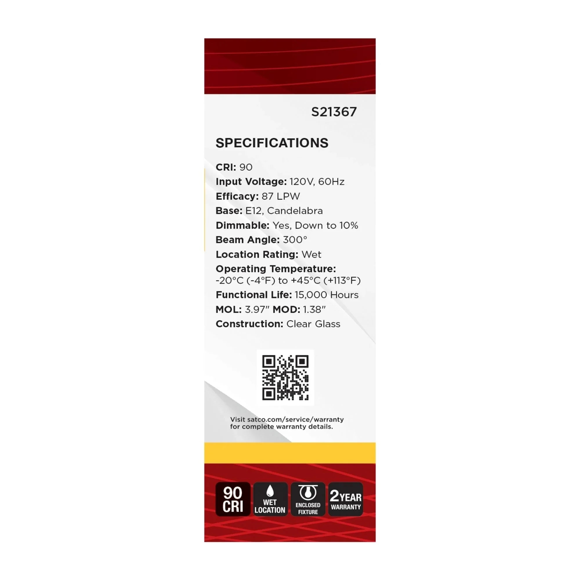 B11 Candle Filament LED Bulb, 40W Equal, 4W, 350lm, 3000K, E12 Candelabra, Clear, Pack of 3