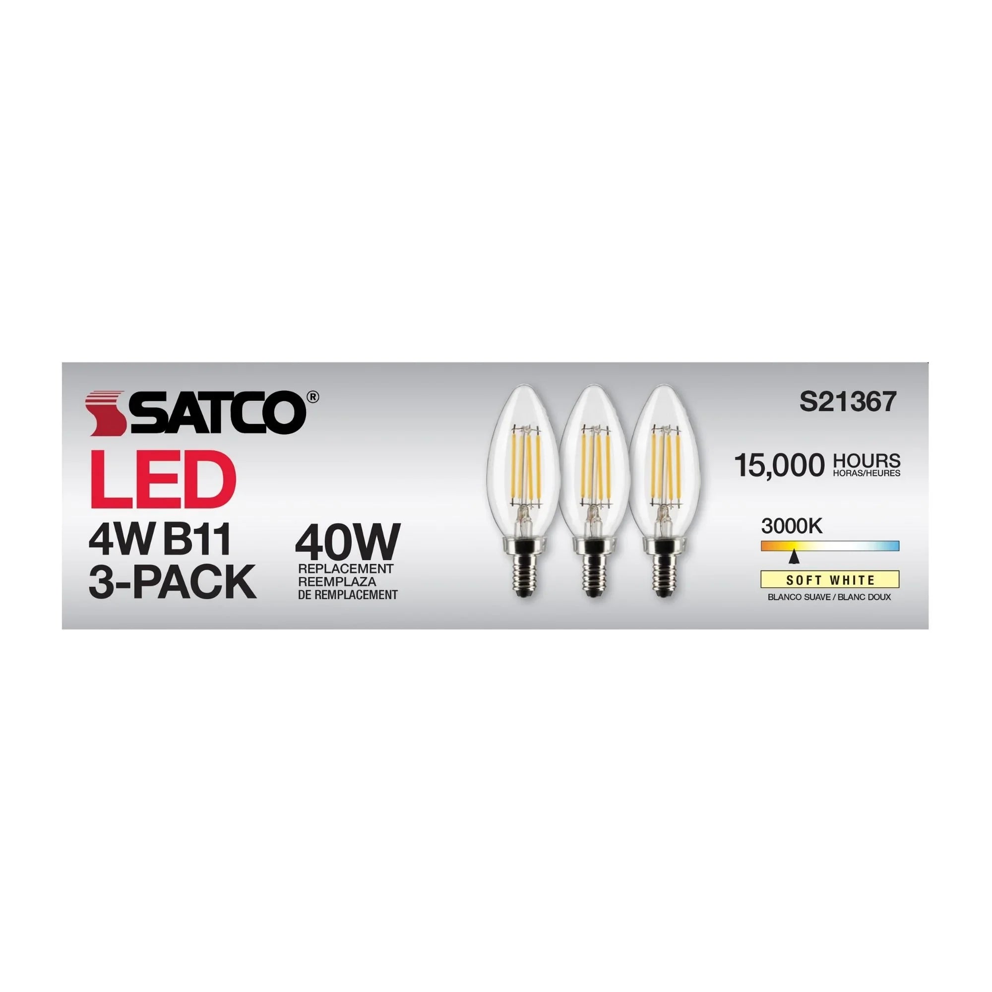 B11 Candle Filament LED Bulb, 40W Equal, 4W, 350lm, 3000K, E12 Candelabra, Clear, Pack of 3